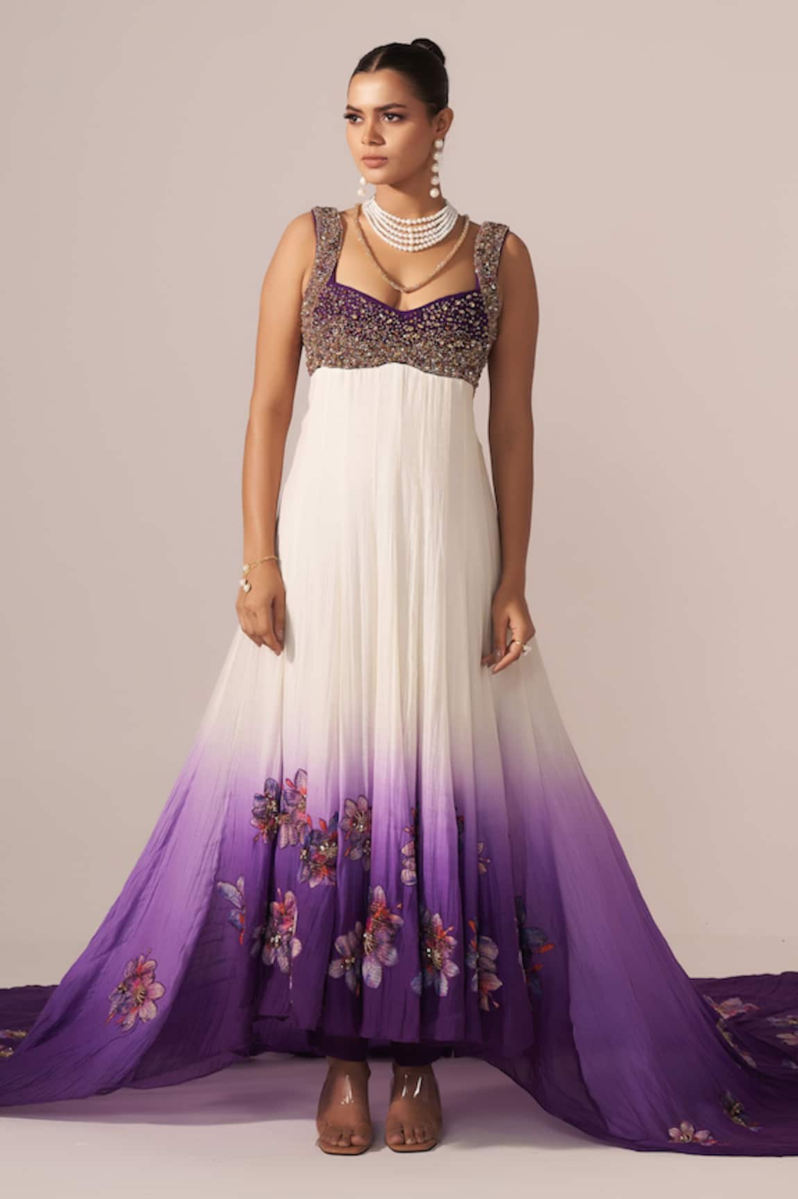 Jyoti Sachdev Iyer Ombre Floral Hand Embroidered Anarkali With Trouser