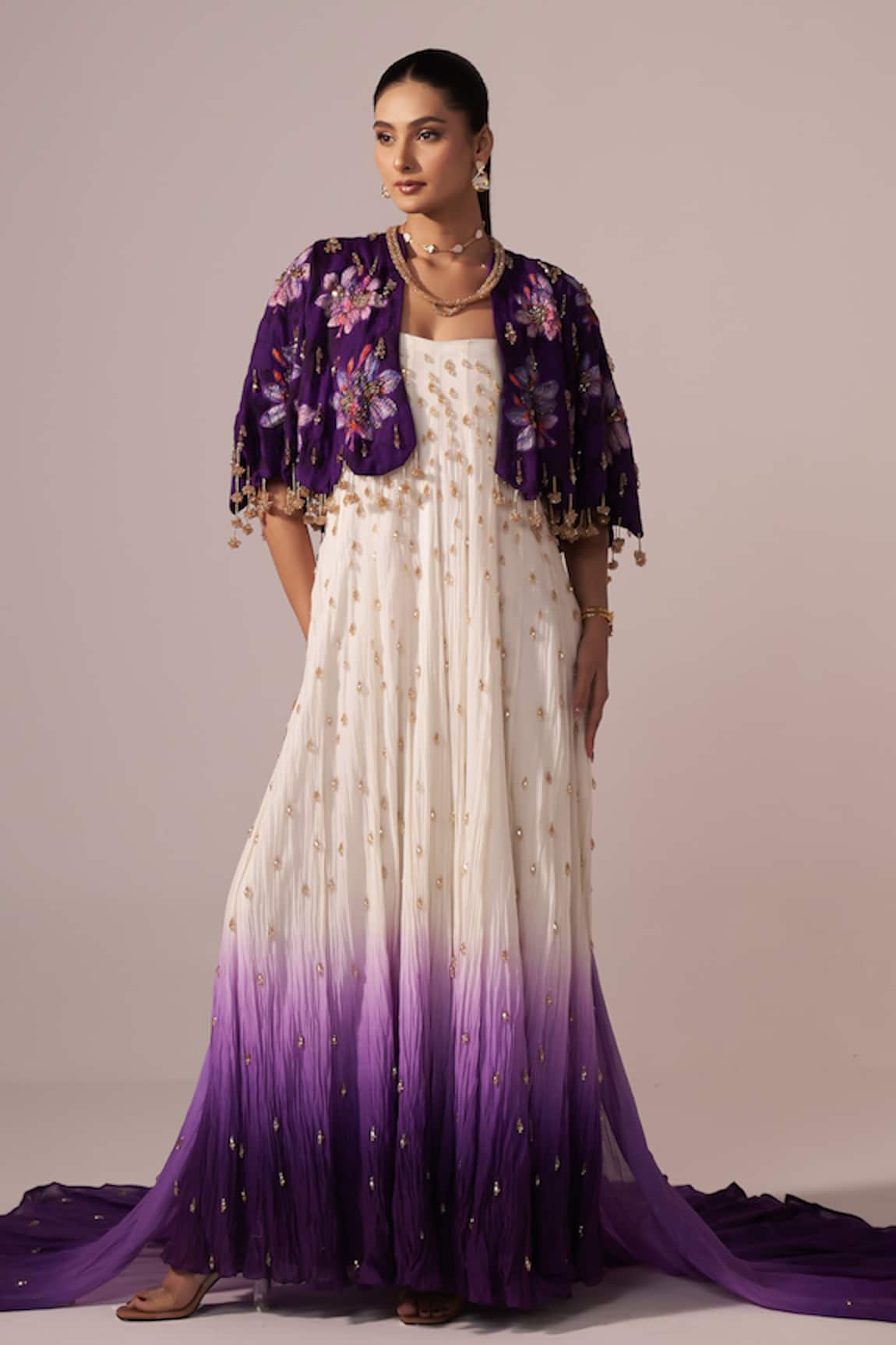 Jyoti Sachdev Iyer Hand Embroidered Ombre Anarkali With Cape