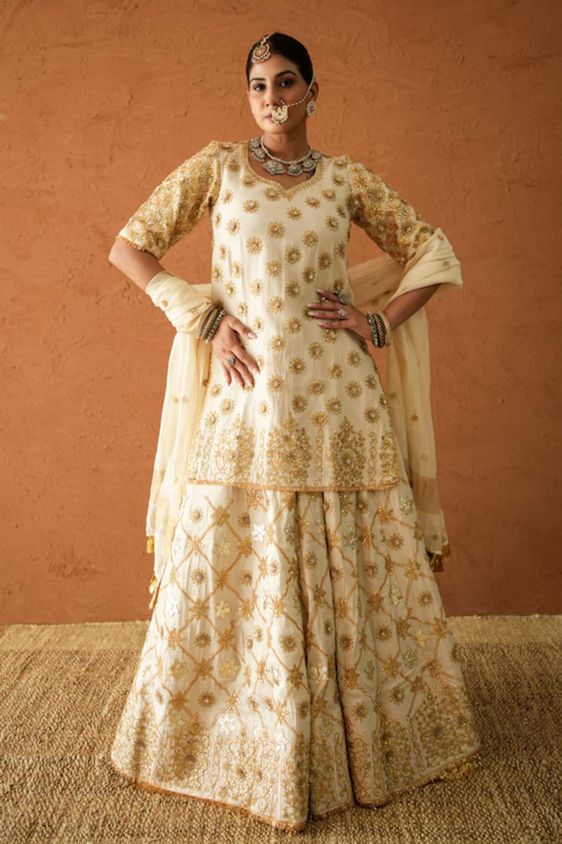 Gulabo Jaipur Noormahal Ivory Embroidered Kurta Lehenga Set