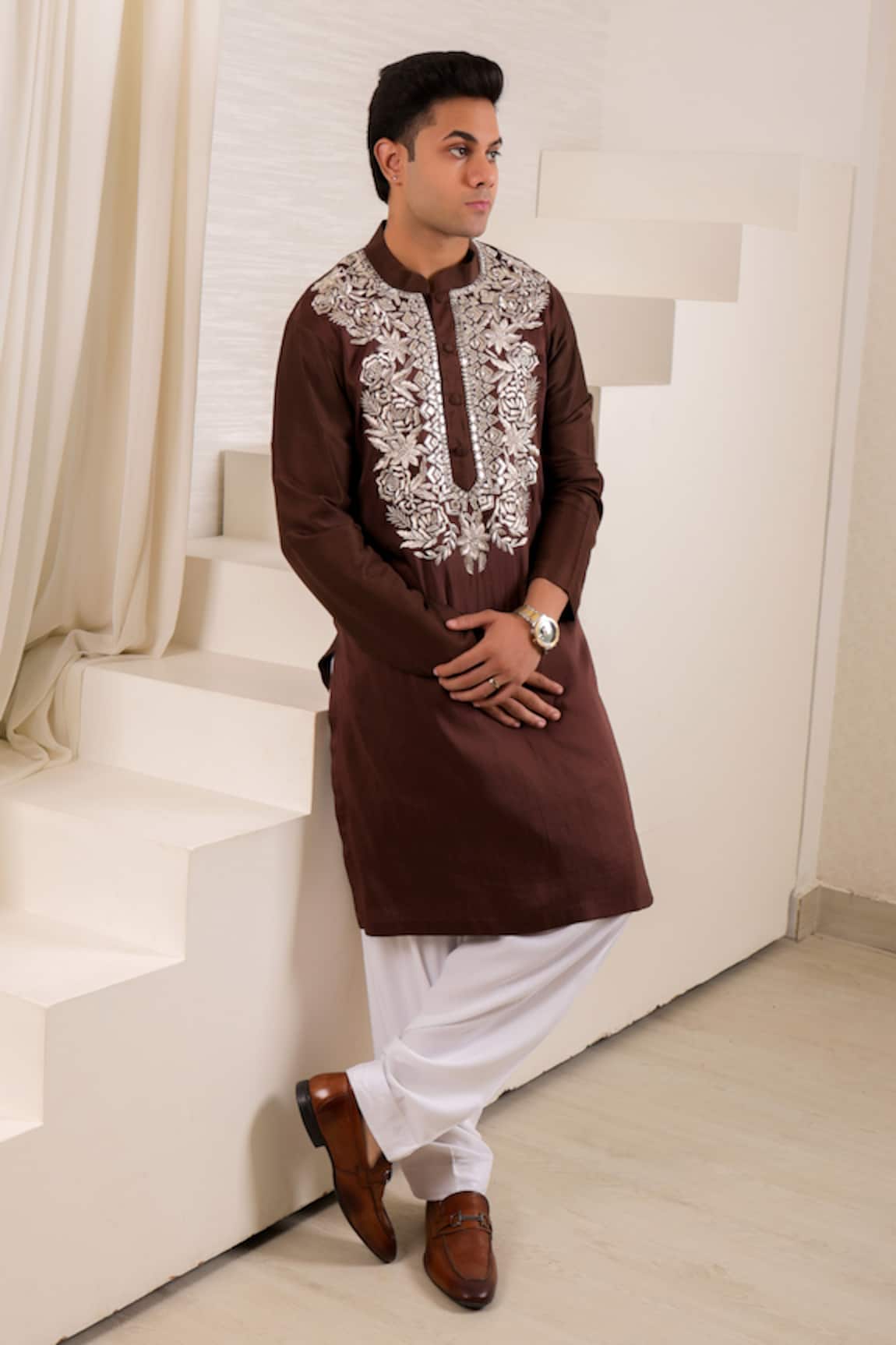 Menero Intricate Embroidered Kurta & Pathani Salwar Set