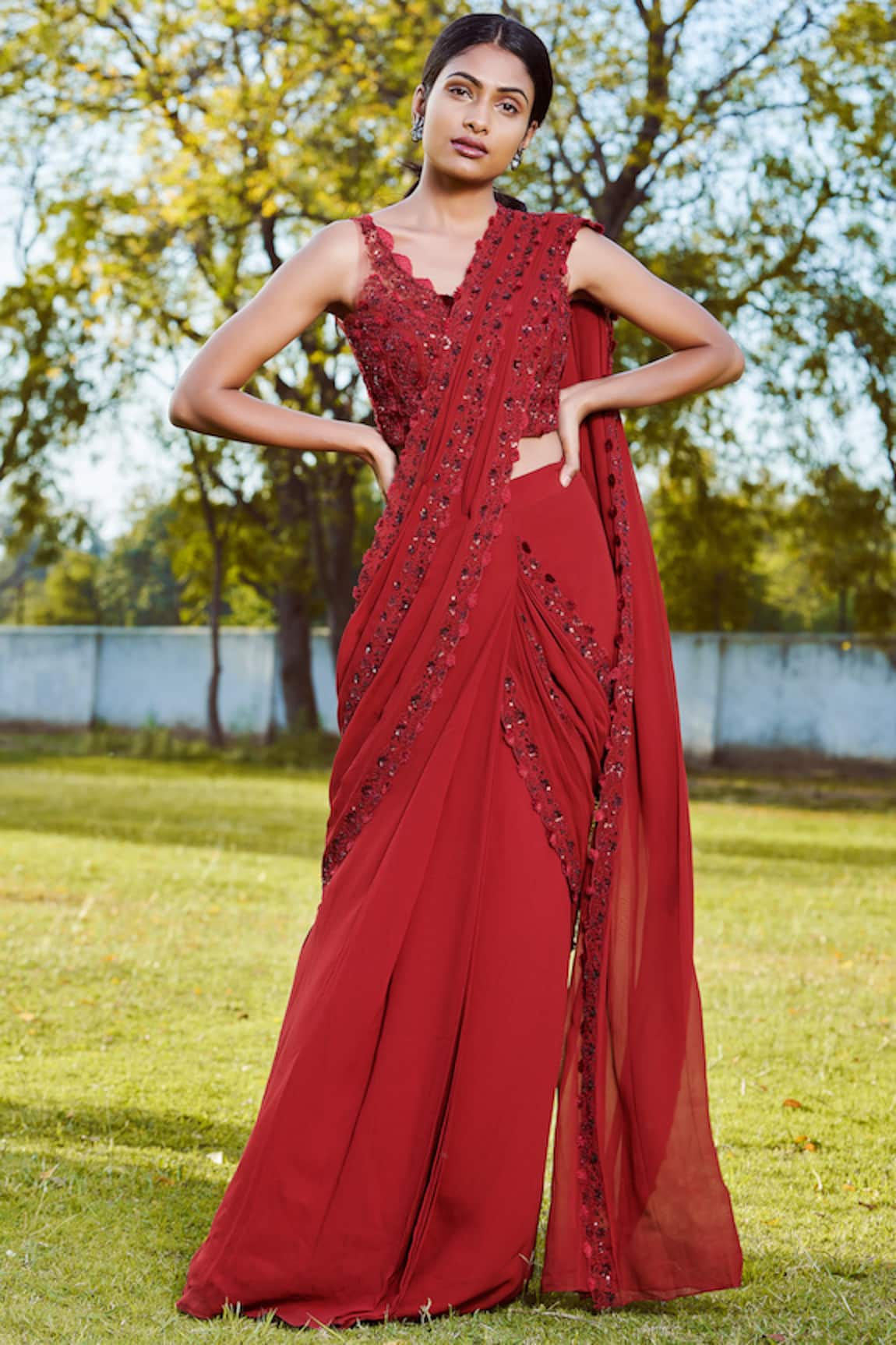 Sana Barreja Pre-Draped Embroidered Saree Set