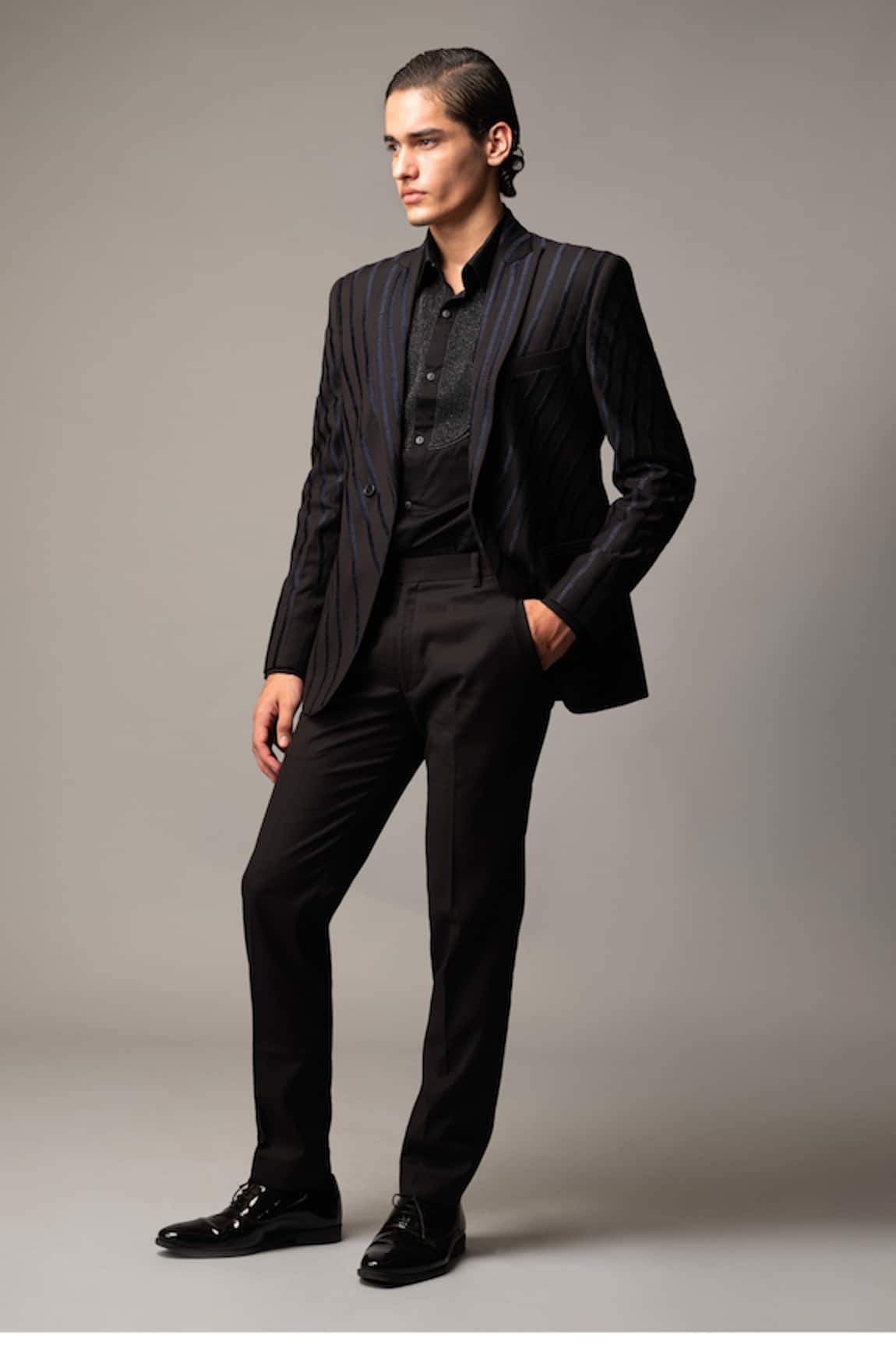 Vivek Patel Etch Striped Machine Embroidered Blazer & Trouser