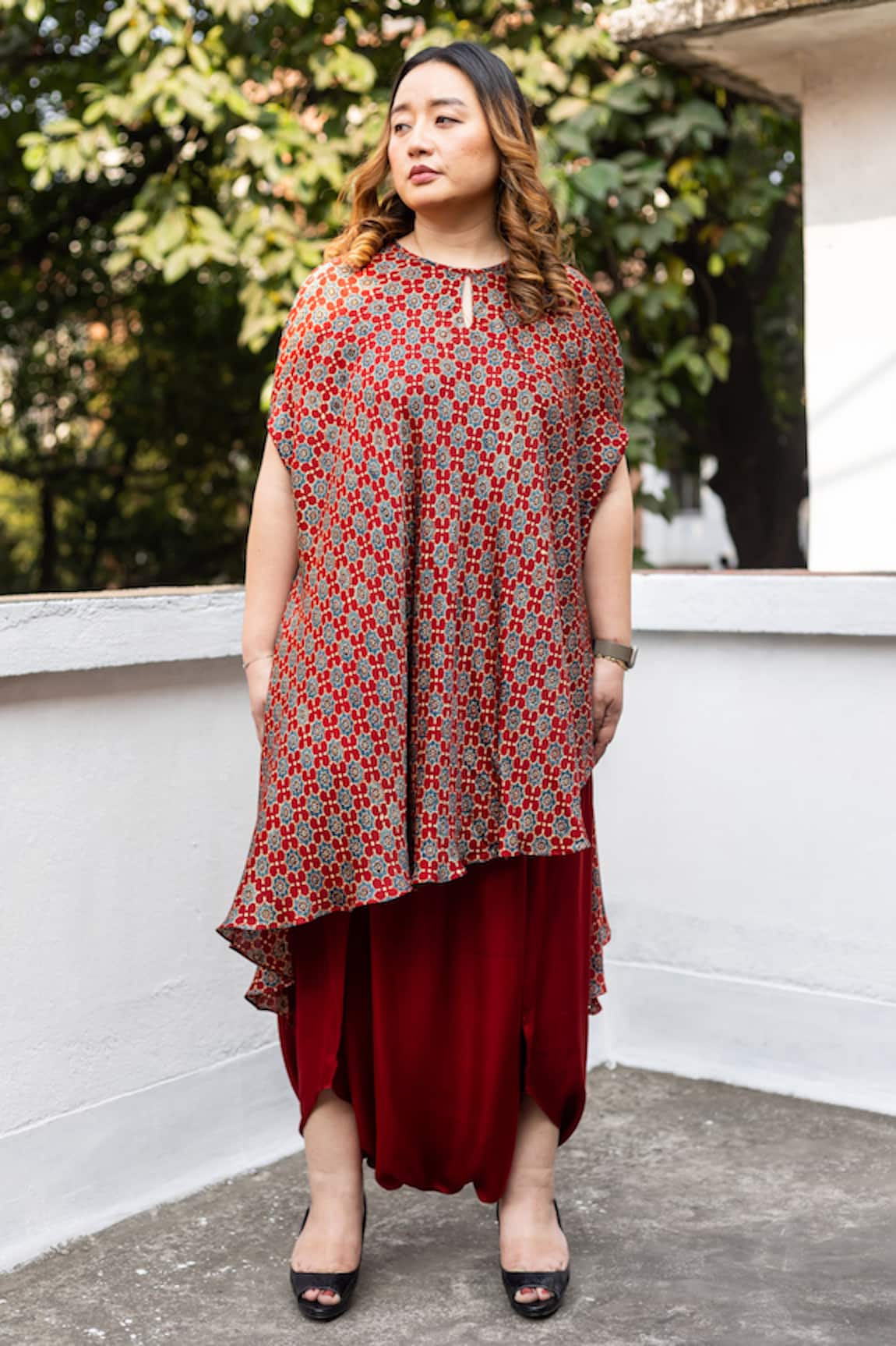 Prahnaaya Ajrakh Hand-Blocked Asymmetric Tunic With Dhoti Skirt