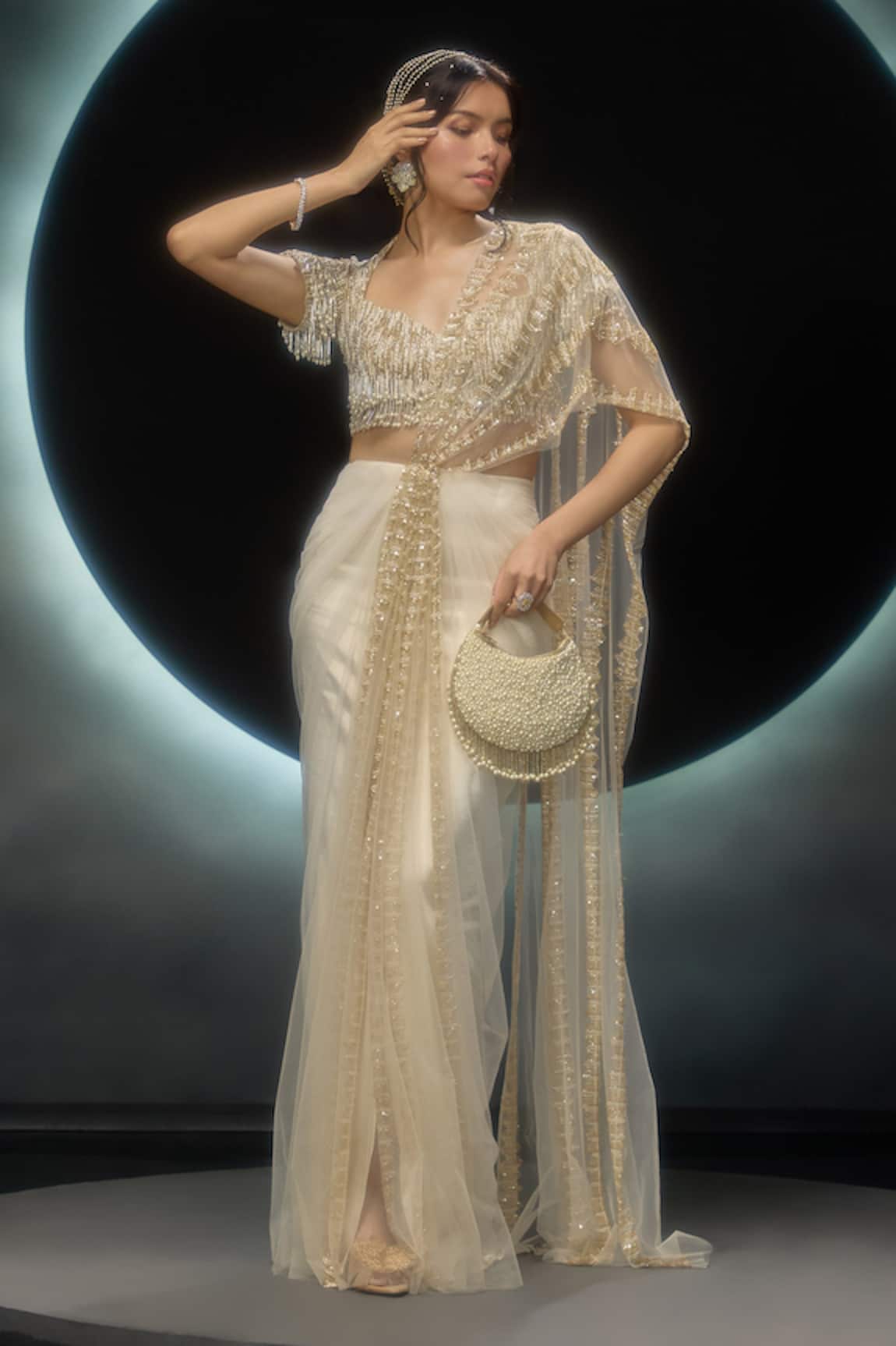 Couture By Niharika Oreline Hand Embroidered Pre-Draped Saree With Blouse