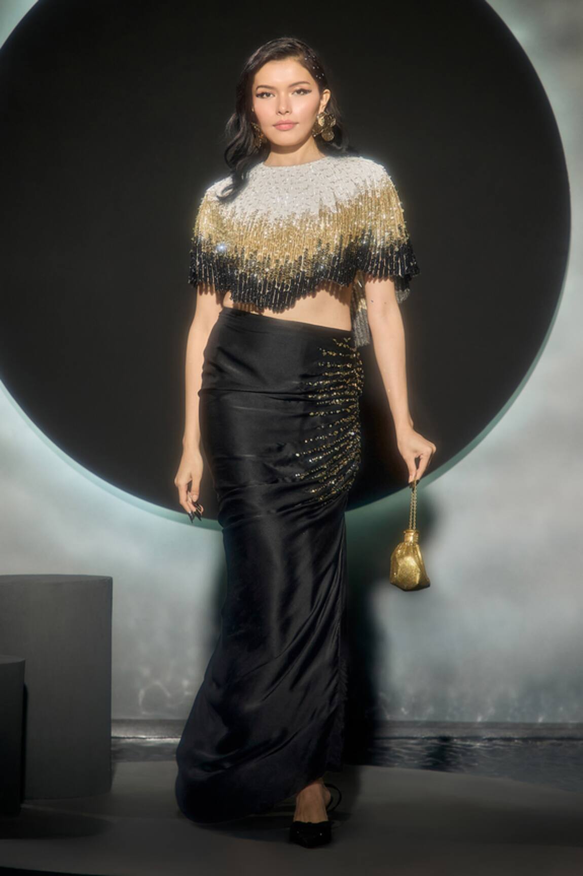 Couture By Niharika Blaze Ombre Hand Embroidered Cape & Skirt Set