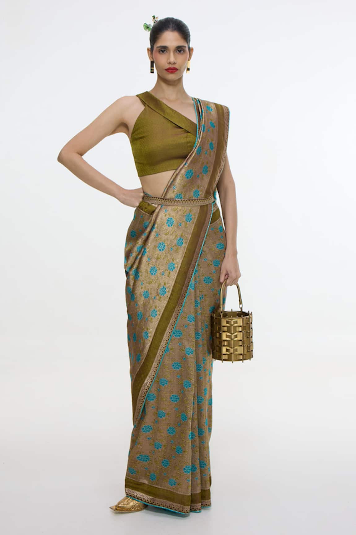 Ekaya Banaras Handwoven Olive Green Saree With Running Blouse
