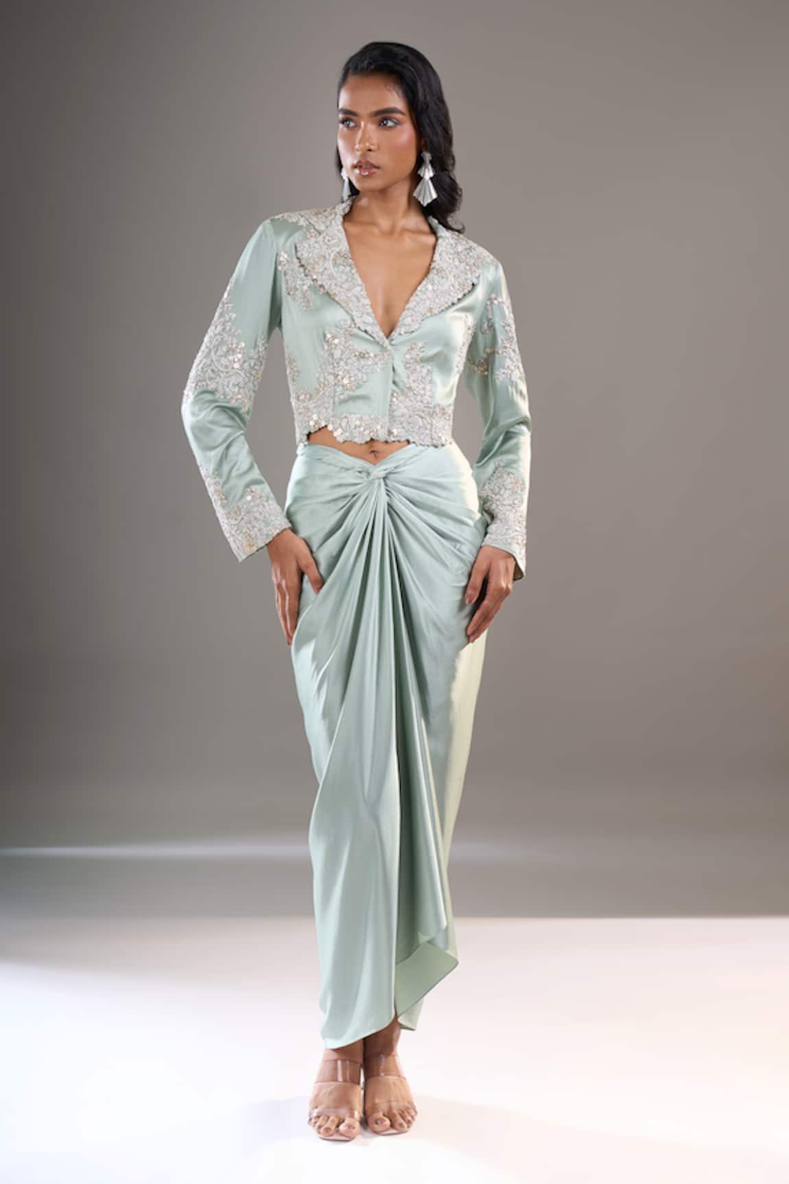 Anamika Khanna Embroidered Crop Jacket & Draped Skirt Set