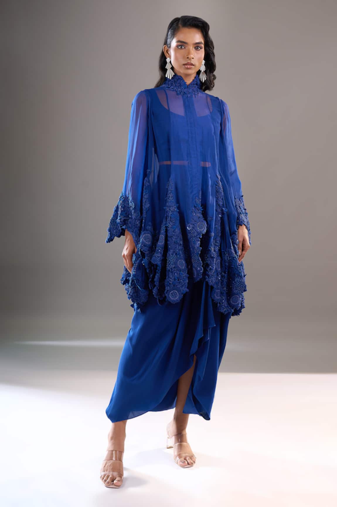 Anamika Khanna Tonal Embroidered Cape Draped Skirt Set