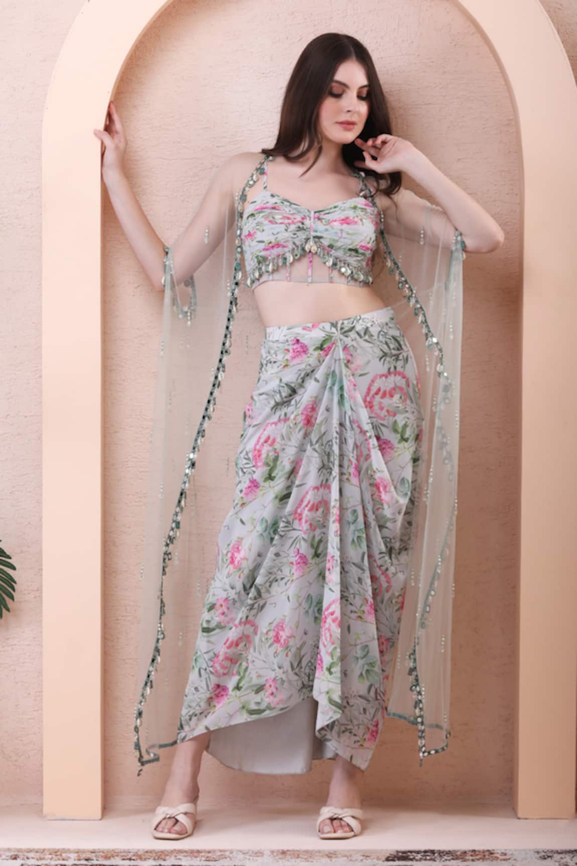 Isha Regalia Floral Print Cape Draped Skirt Set 