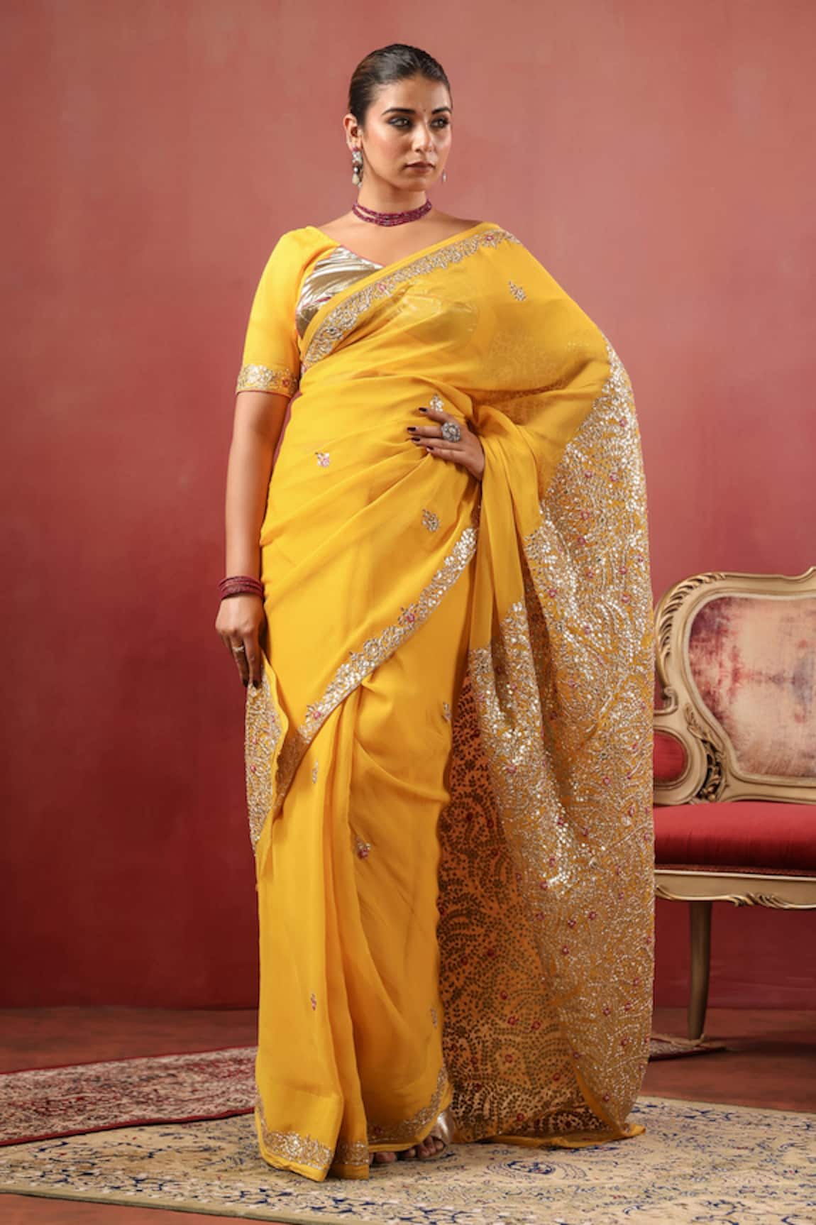 Anshu Wadhwa Chanderi Embroidered Saree With Unstitched Blouse 