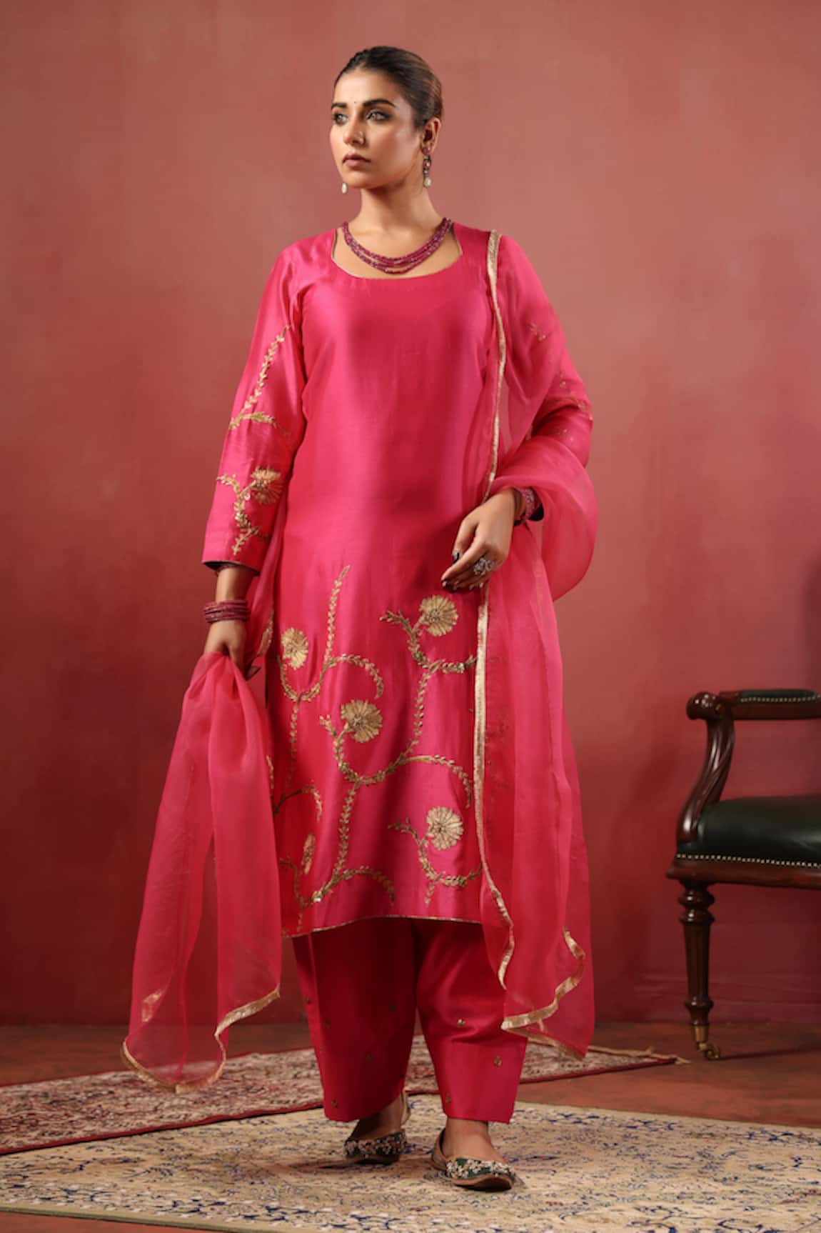 Anshu Wadhwa Chanderi Embroidered Kurta Palazzo Set 