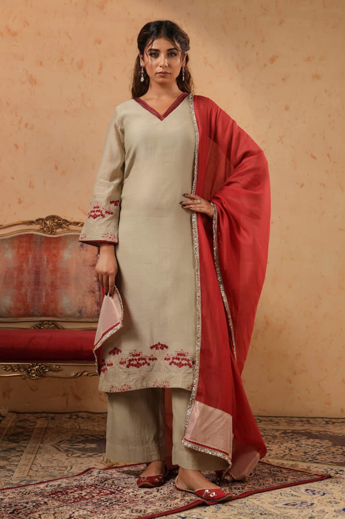 Anshu Wadhwa Chanderi Embroidered Kurta Palazzo Set 
