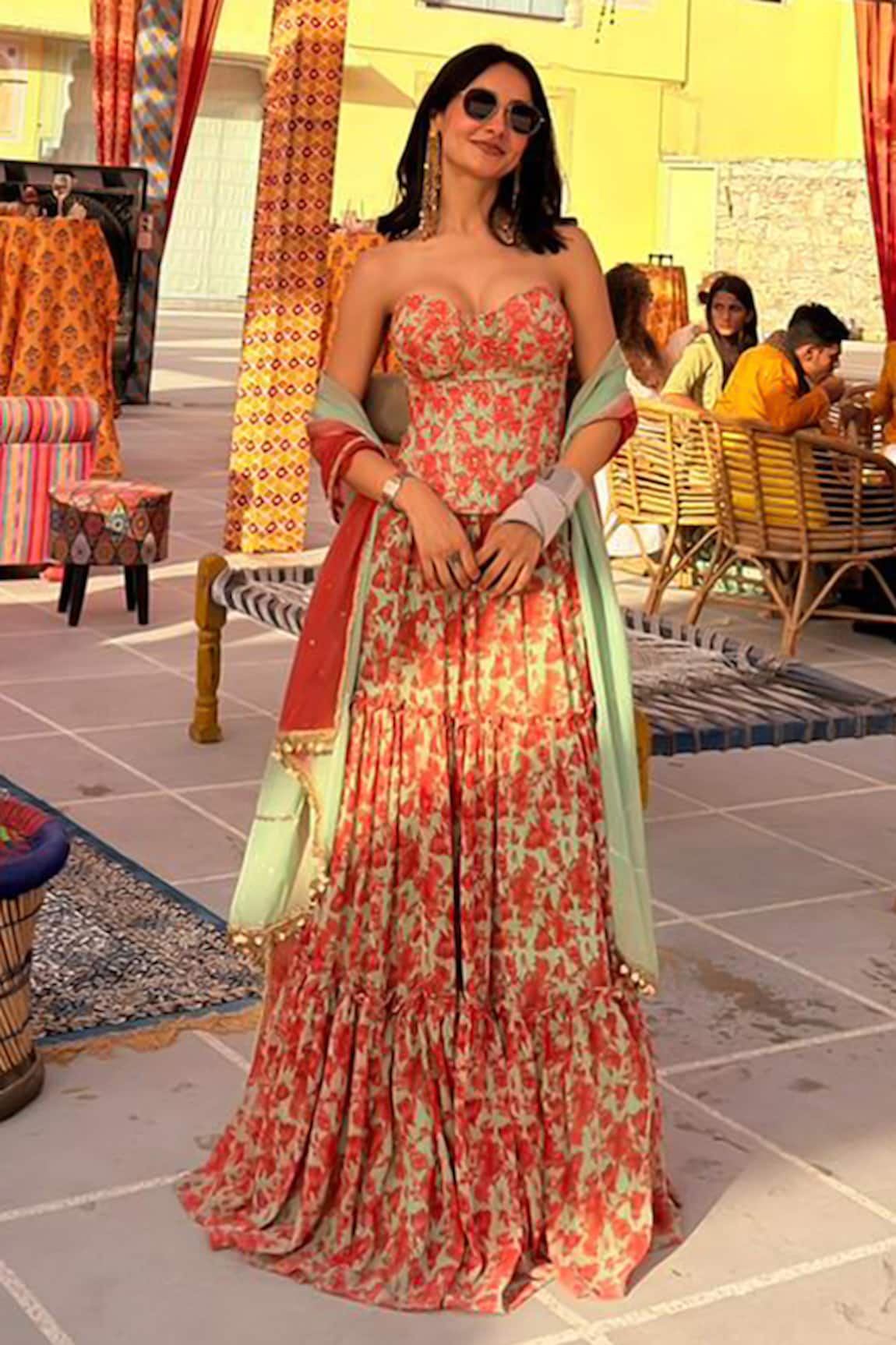 RAYASHA KHAN Green Bells Floral Printed Corset Gathered Lehenga Set