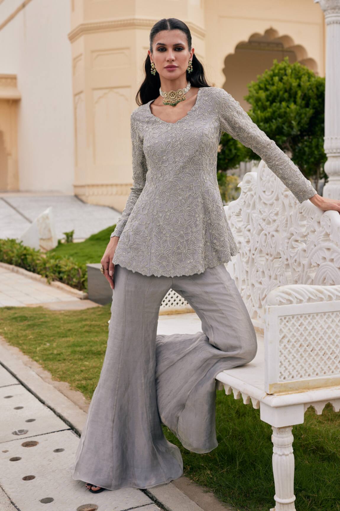 Charu And Vasundhara Karen Embroidered Peplum Kurta & Sharara Set 