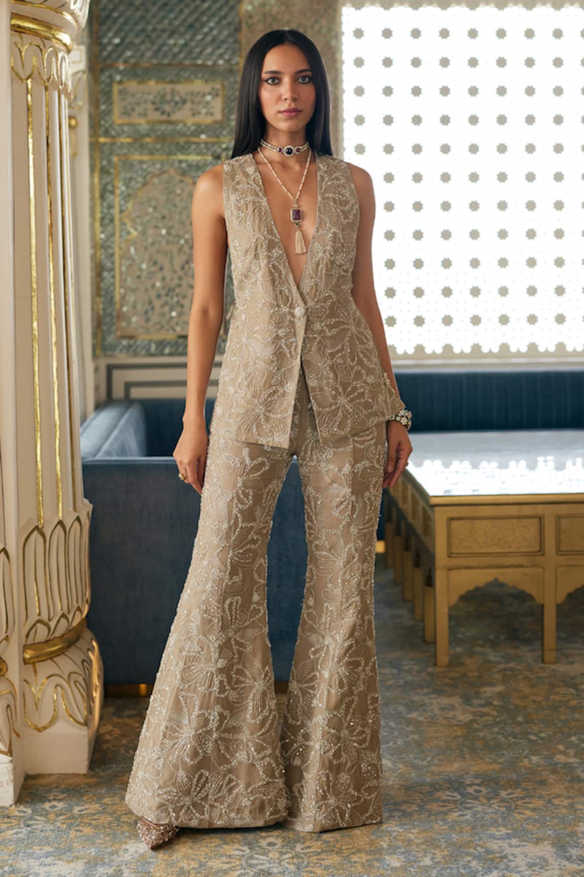 Charu And Vasundhara Kesha Embroidered Organza Jacket & Flared Pant Set 