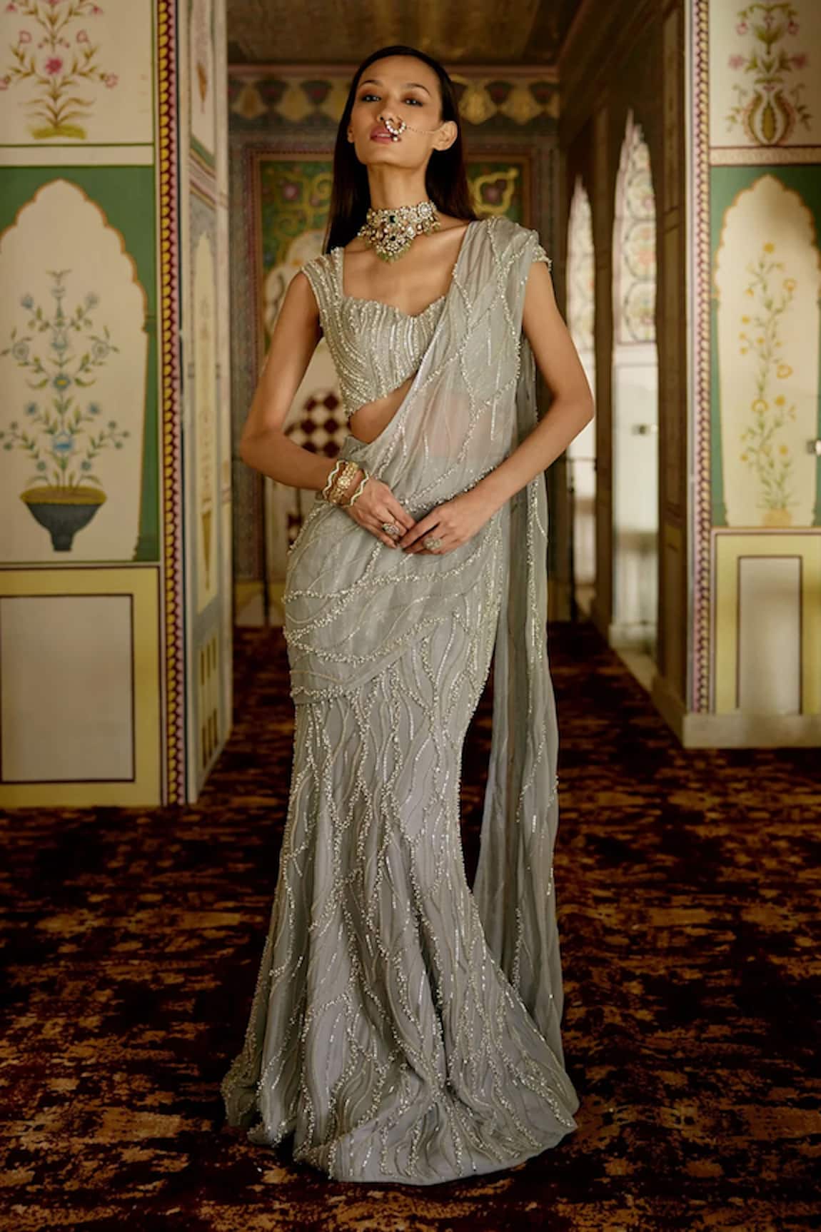Charu And Vasundhara Keira Embellished Organza Pre-Draped Saree With Blouse 