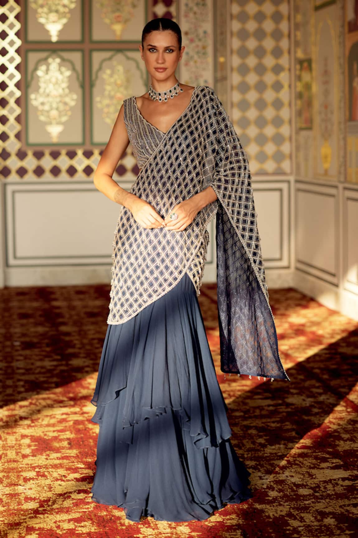 Charu And Vasundhara Kennedy Geometric Pattern Pre-Draped Saree With Blouse 