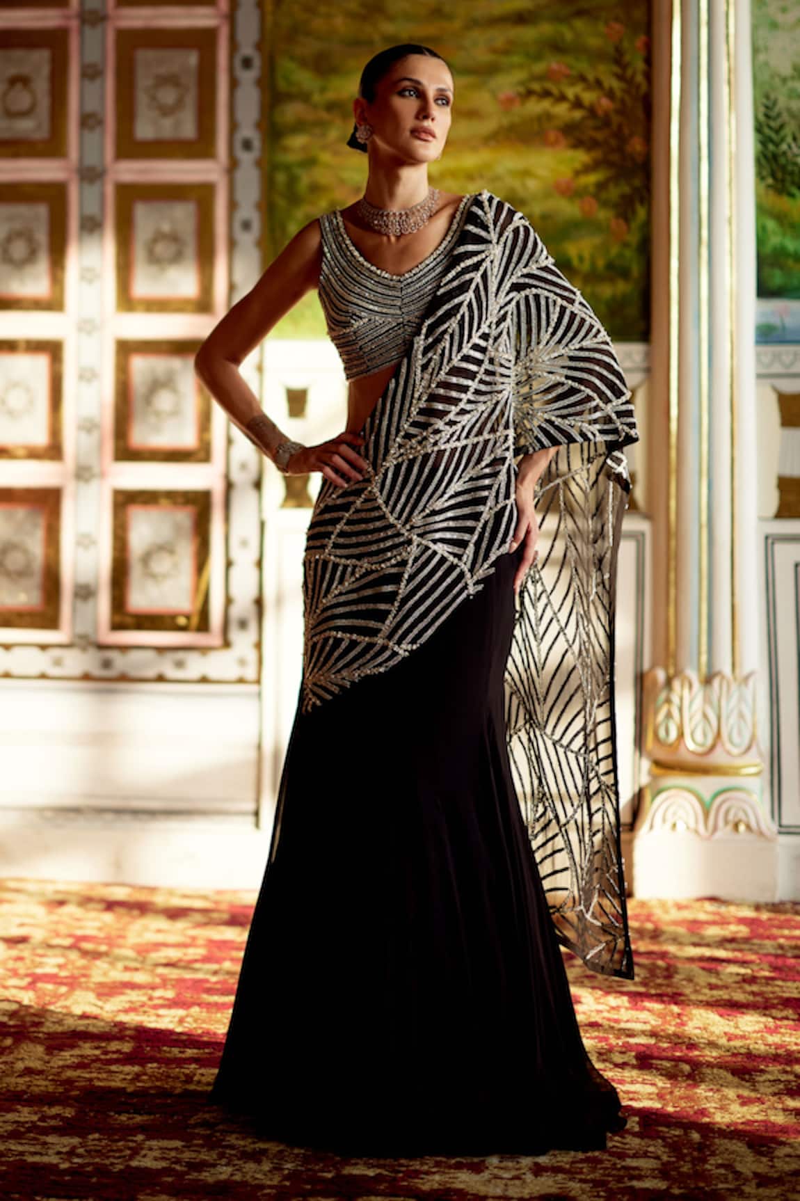 Charu And Vasundhara Kassidy Geometric Pattern Pre-Draped Saree With Blouse 