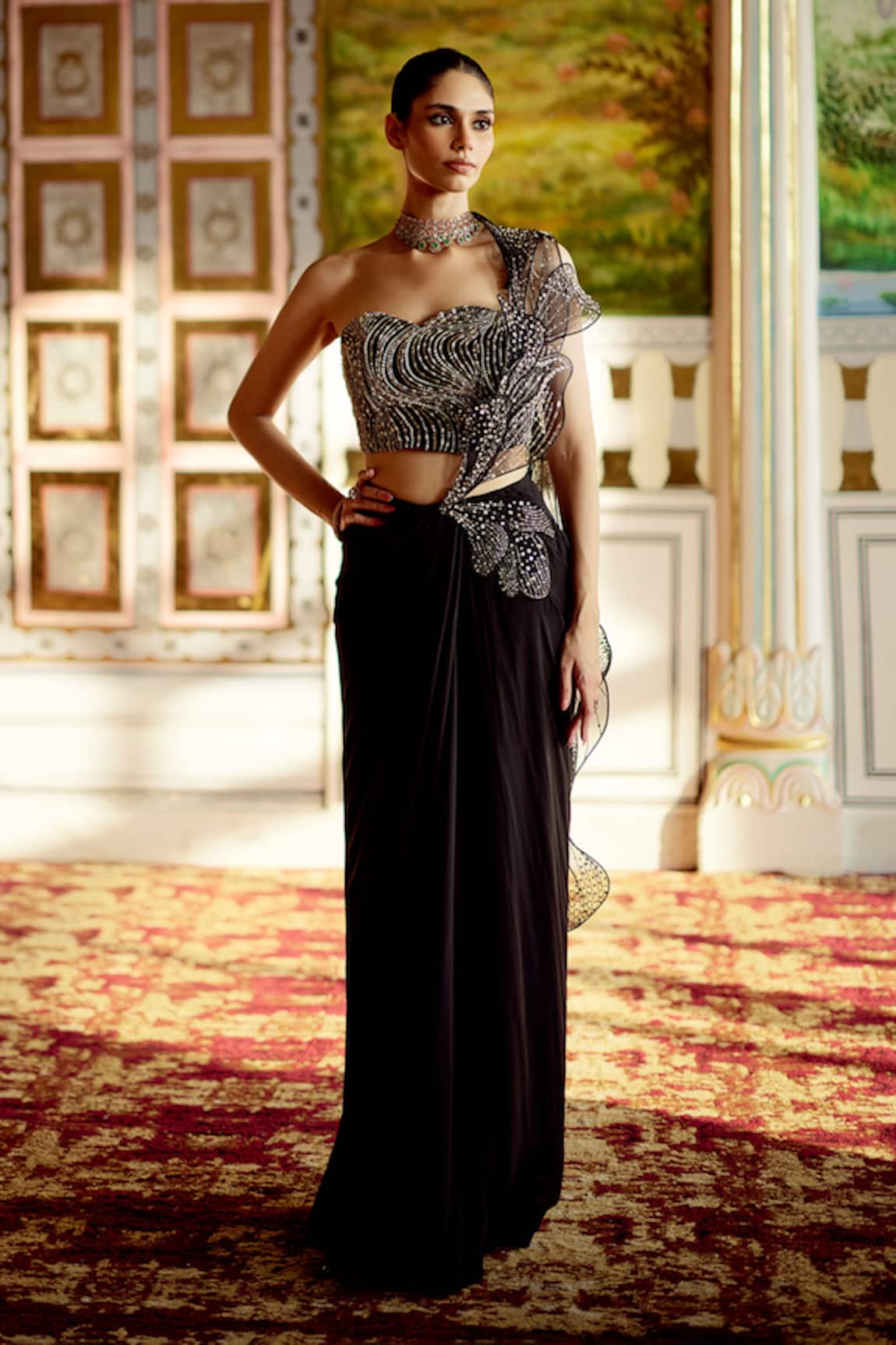 Charu And Vasundhara Karla Embellished Corset With Pre-Draped Saree 
