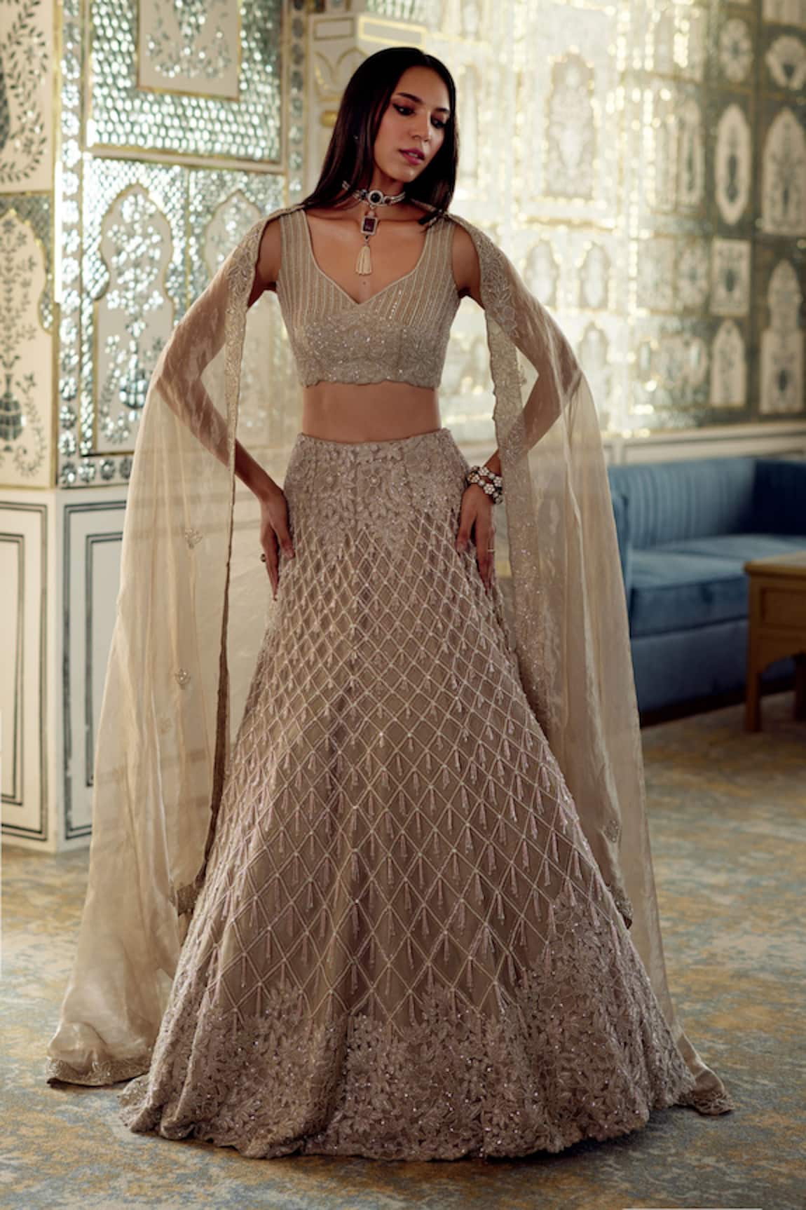 Charu And Vasundhara Kourtney Geometric Embroidered Lehenga Set 