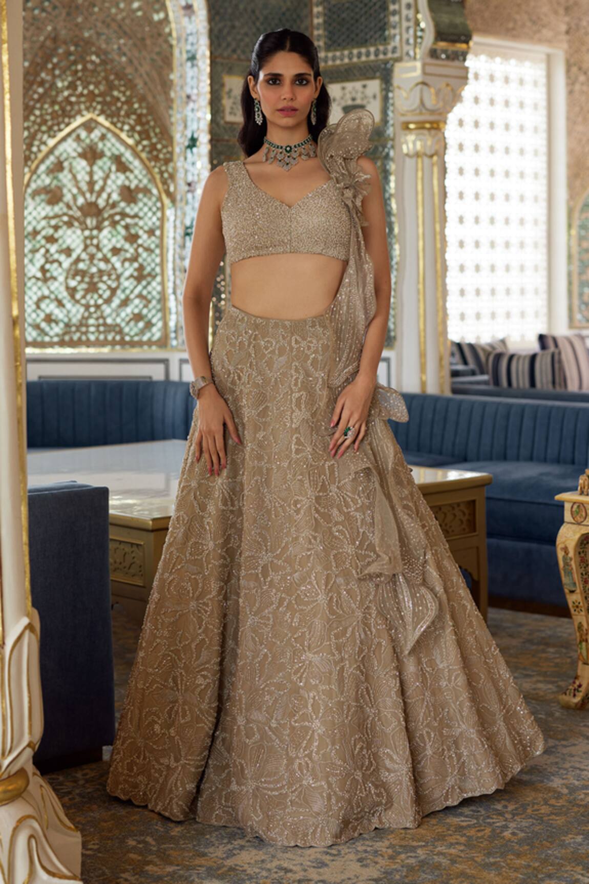 Charu And Vasundhara Kora Embroidered Ruffled Lehenga With Blouse 