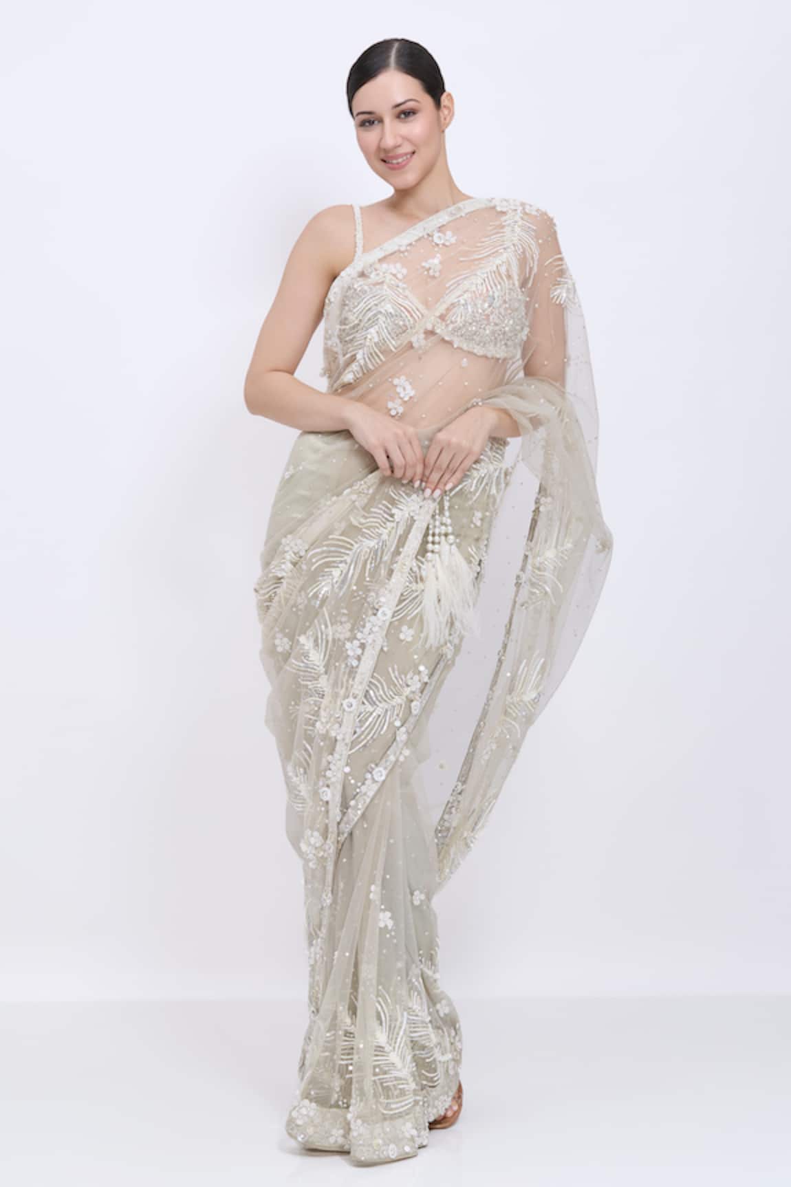 Dilnaz Net Hand Embroidered Sequin Fern Saree