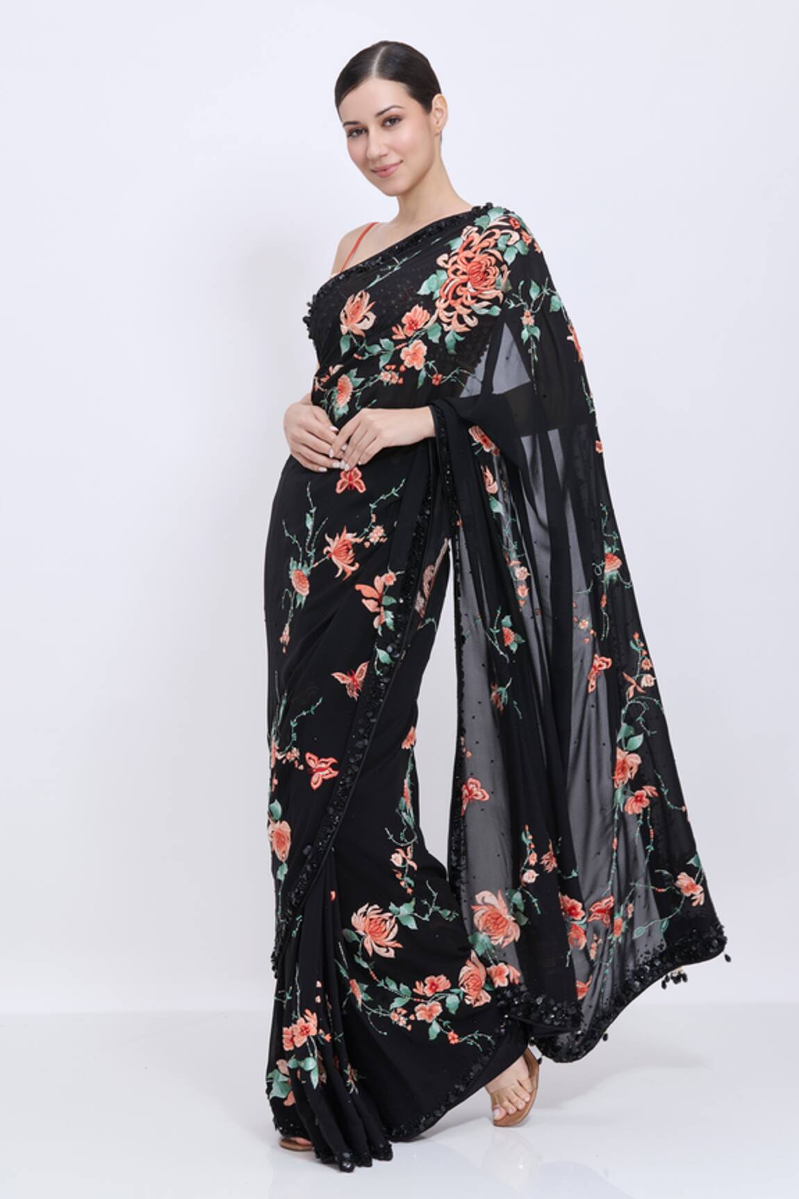 Dilnaz Chrysanthemum Embroidered Georgette Saree