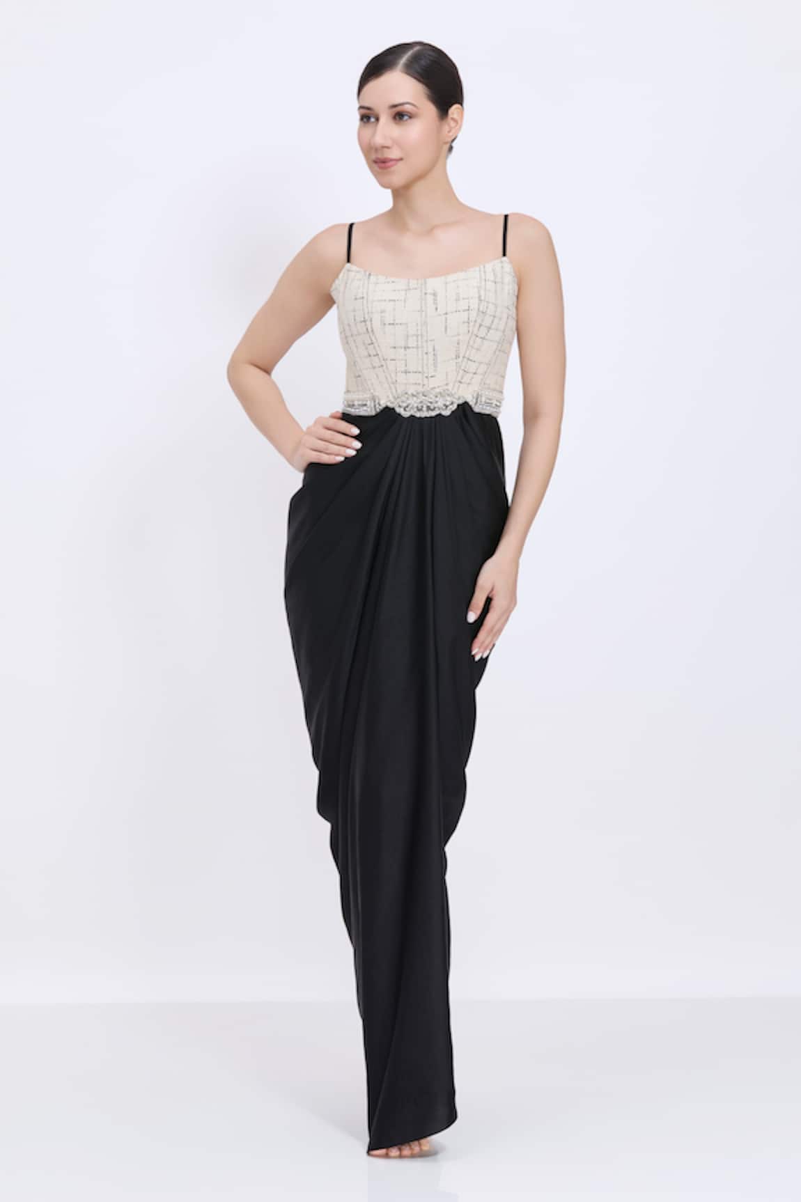Dilnaz Tweed Corset Jewel Belt Draped Gown