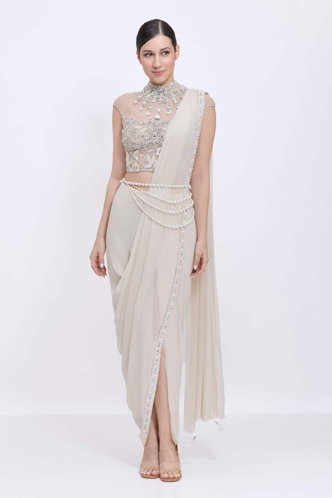 Dilnaz Parsi Gara Embroidered Blouse & Pre-Draped Saree Set