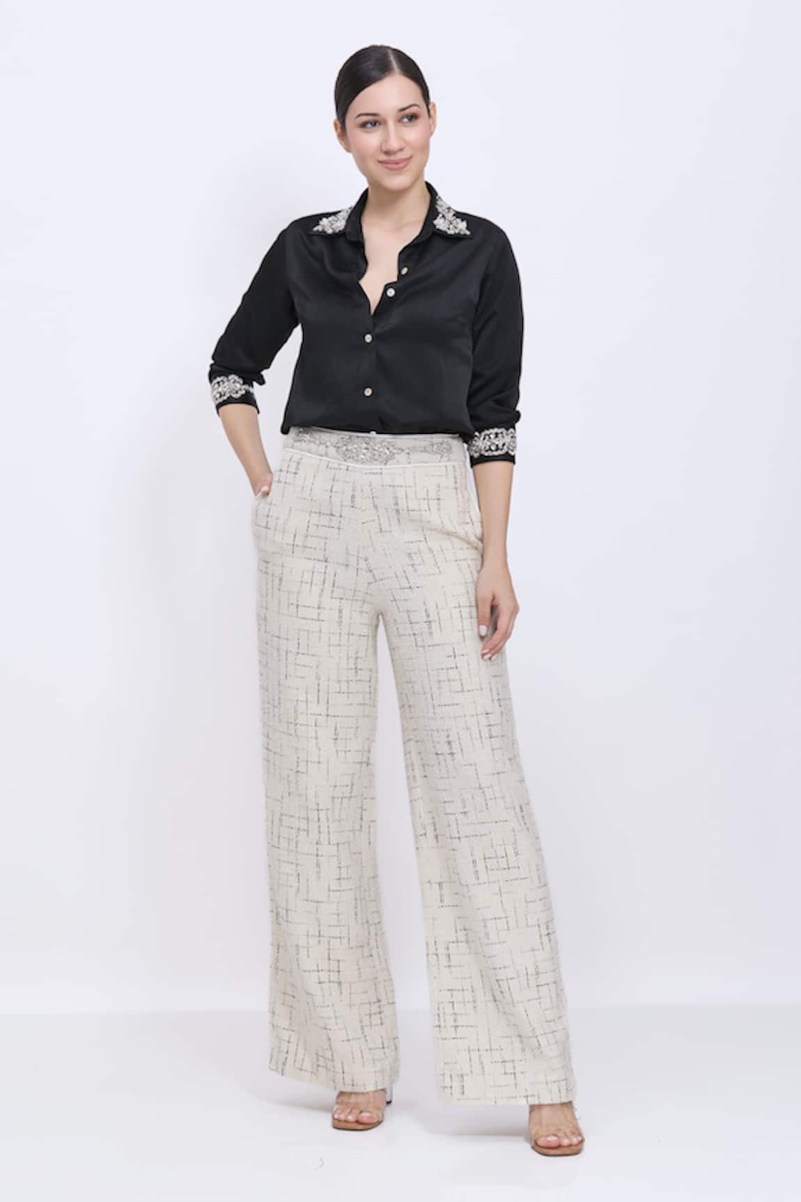 Dilnaz Tweed Hand Embroidered Waistband Trouser