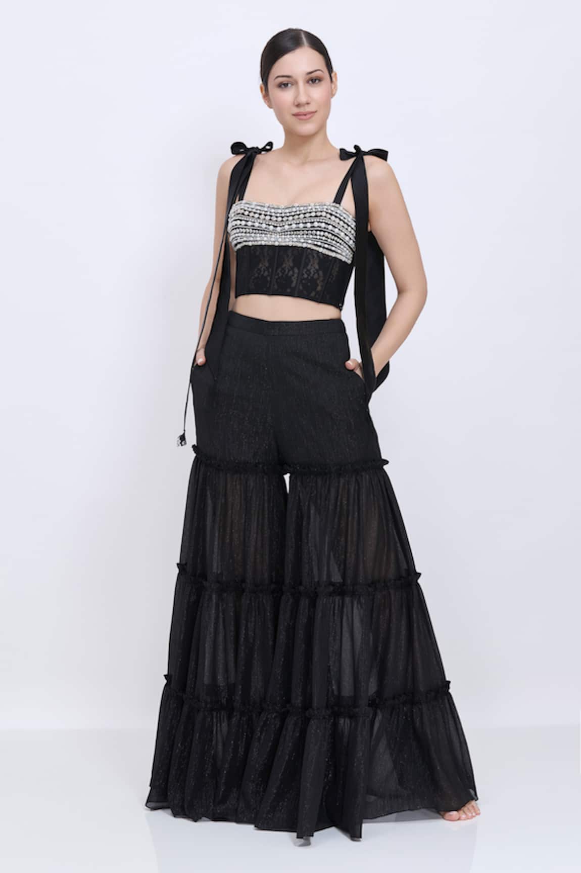 Dilnaz Pearl Lines Work Corset & Tiered Sharara Set