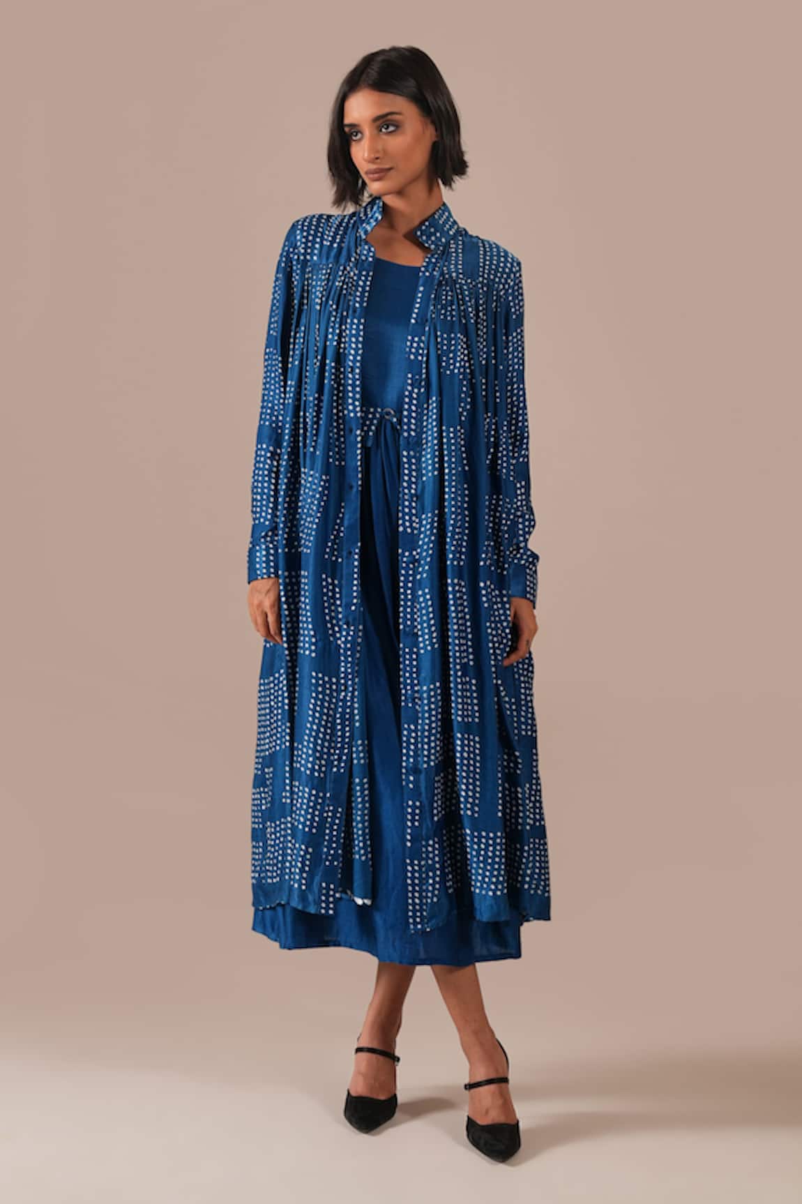 Indigo Dreams Bandhani Pattern Dress & Overlay Set