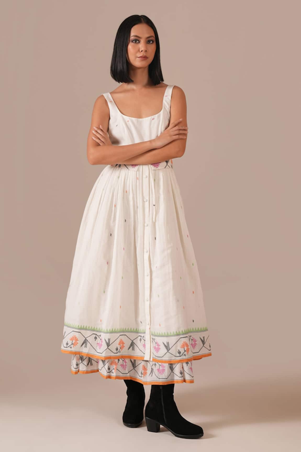 Indigo Dreams Handwoven Jamdani Floral Dress With Belt