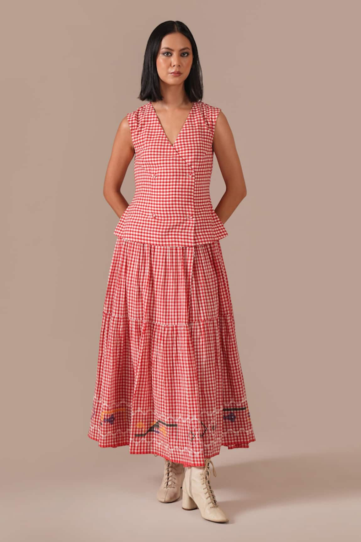 Indigo Dreams Gingham Check Tiered Wrap Dress With Belt 