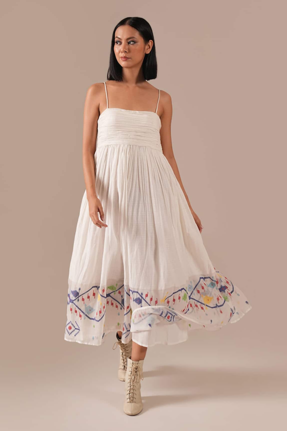 Indigo Dreams Handwoven Jamdani Ruched Bodice Midi Dress 