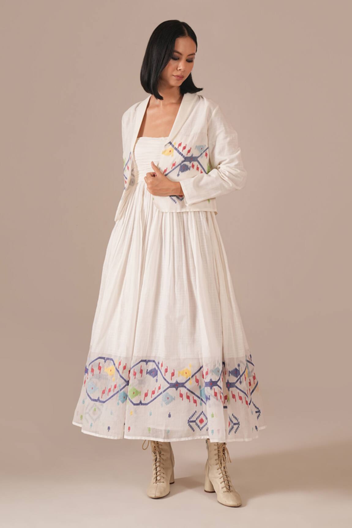 Indigo Dreams Handwoven Jamdani Dress With Jacket