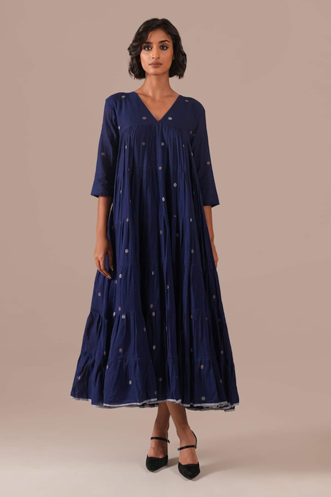 Indigo Dreams Handwoven Jamdani Gathered Midi Dress 