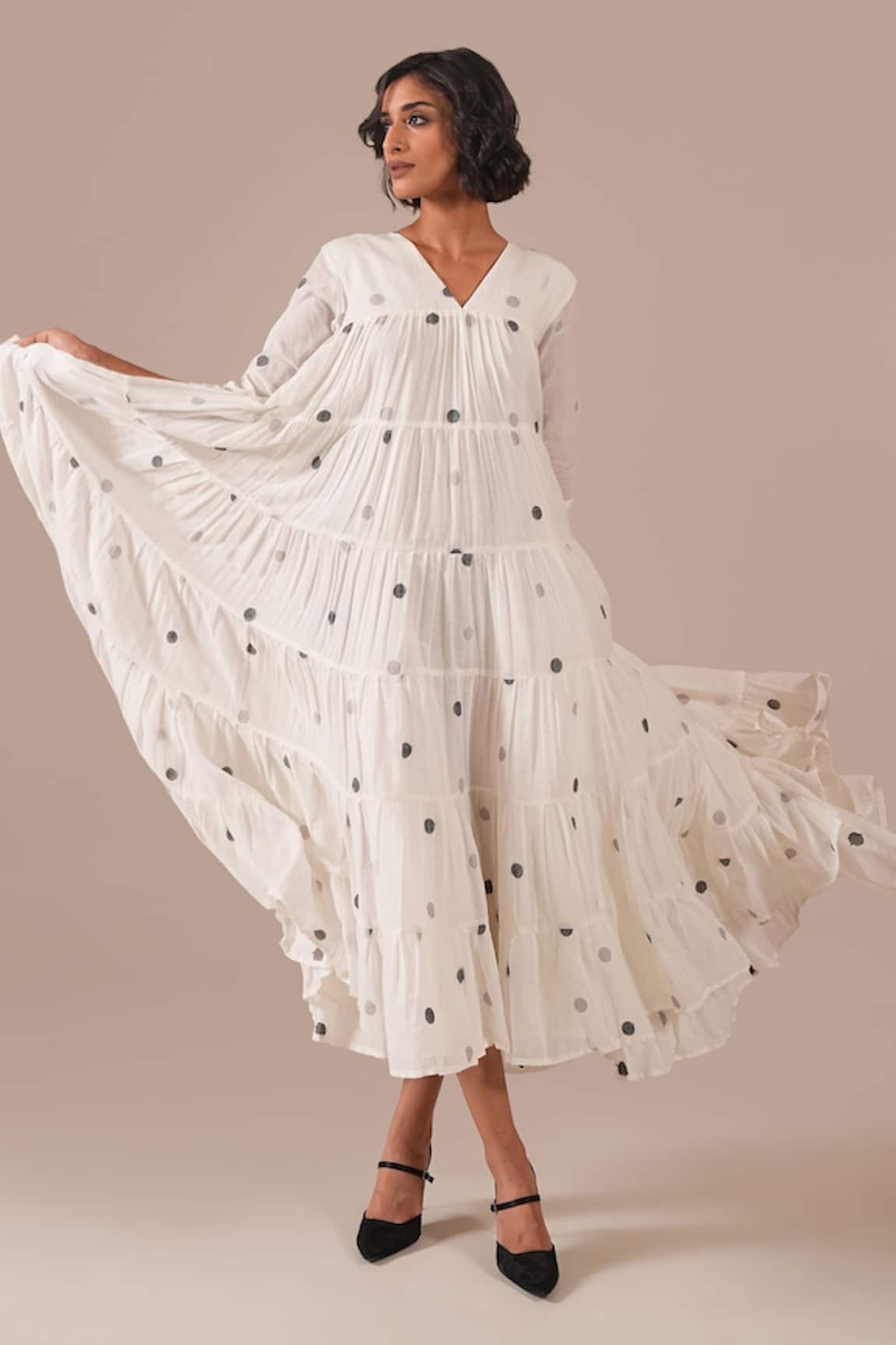 Indigo Dreams Handwoven Jamdani Polka Dot Tiered Dress