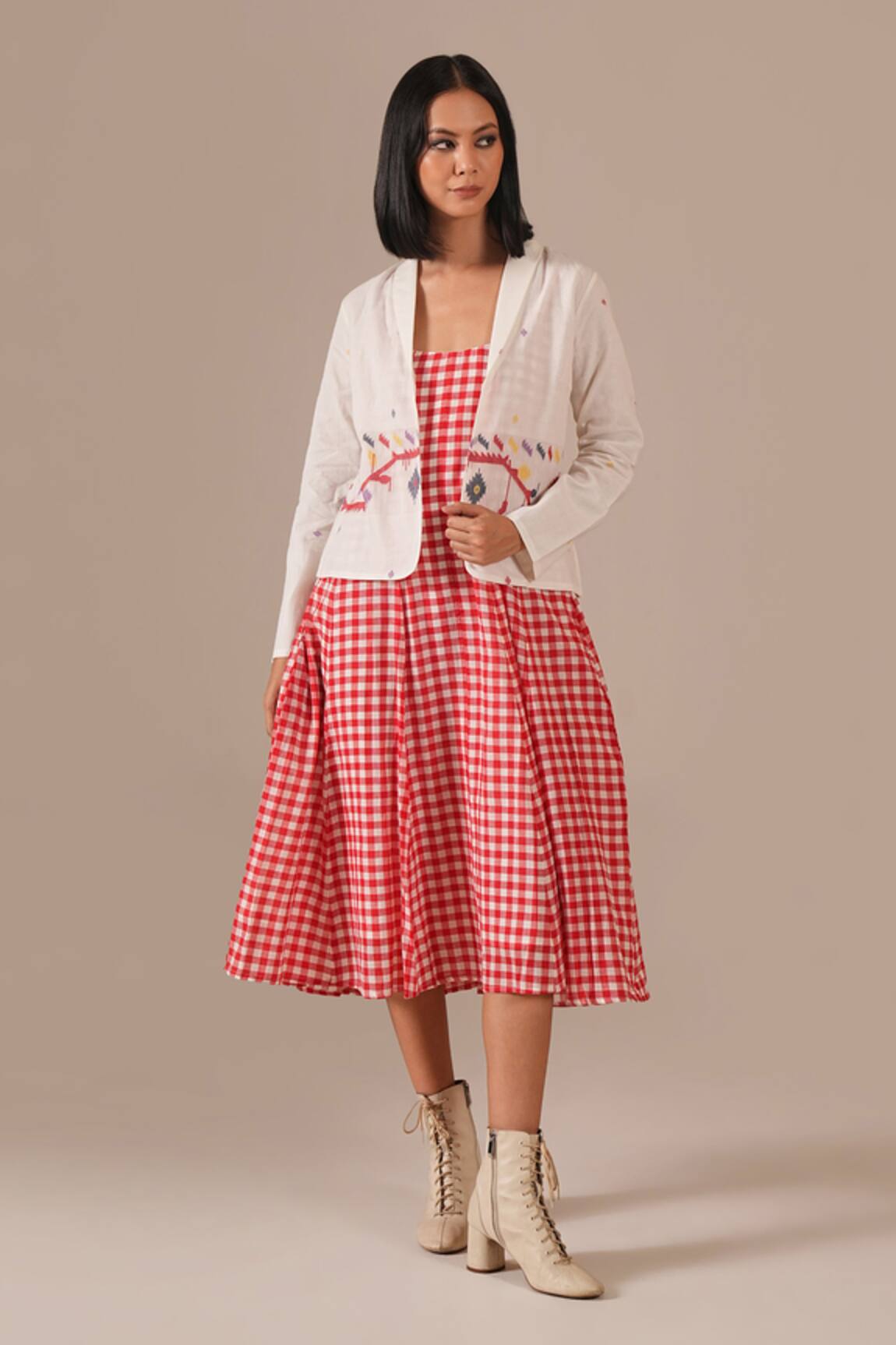 Indigo Dreams Gingham Midi Dress & Jamdani Jacket Set 