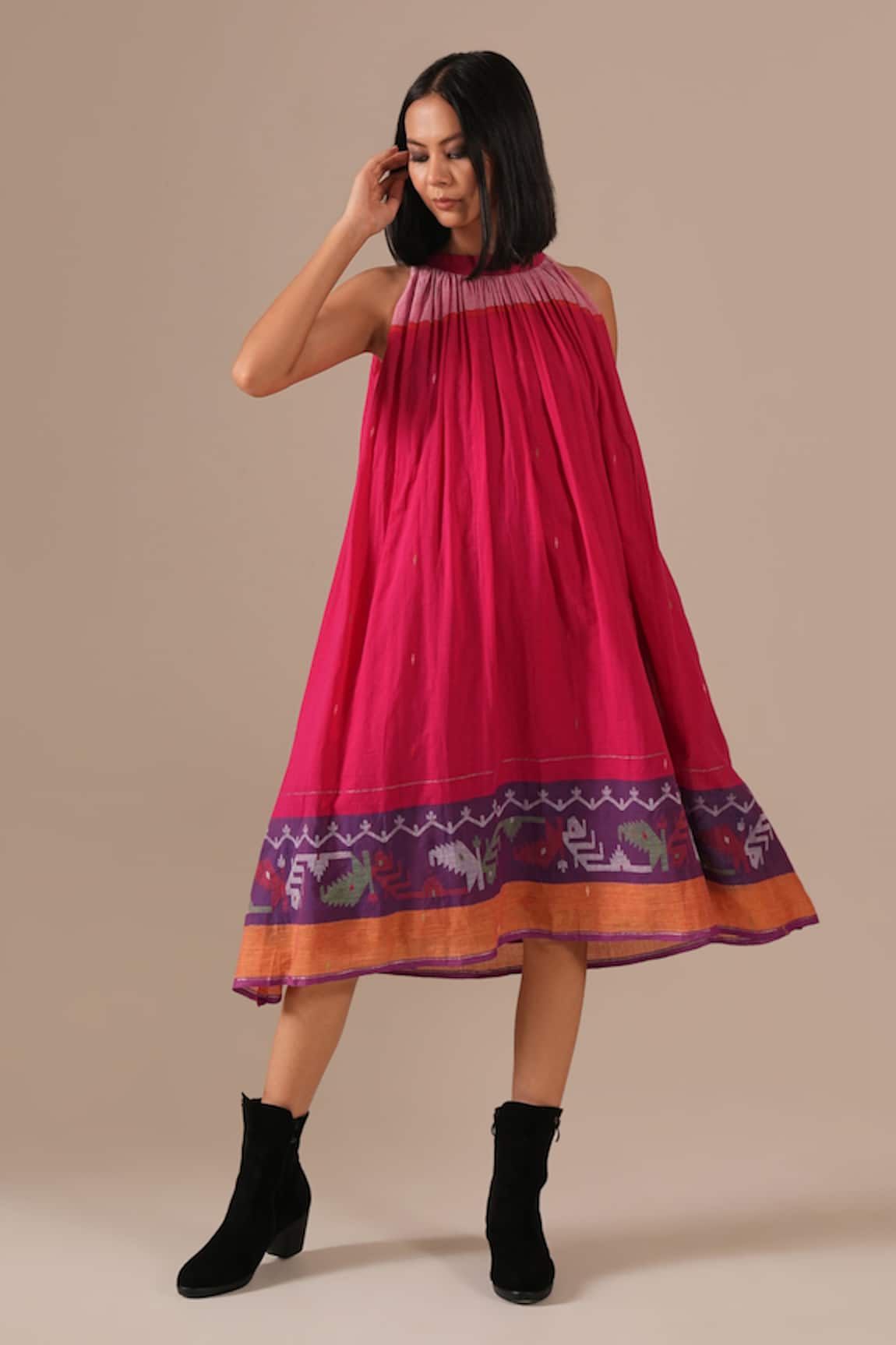 Indigo Dreams Jamdani Gathered Halter Neck Midi Dress & Belt Set 