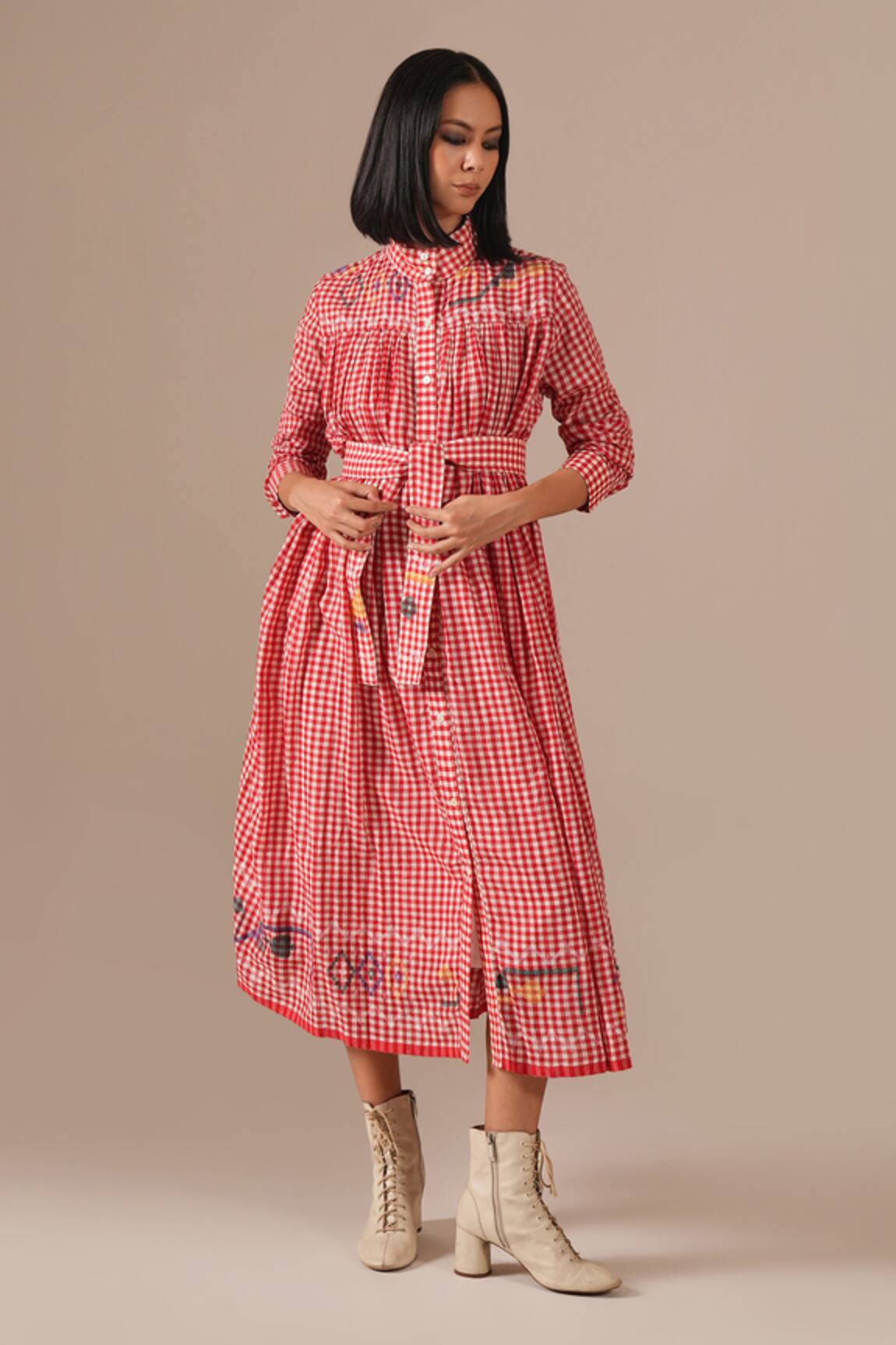 Indigo Dreams Gingham Tiered Shirt Dress With Belt 
