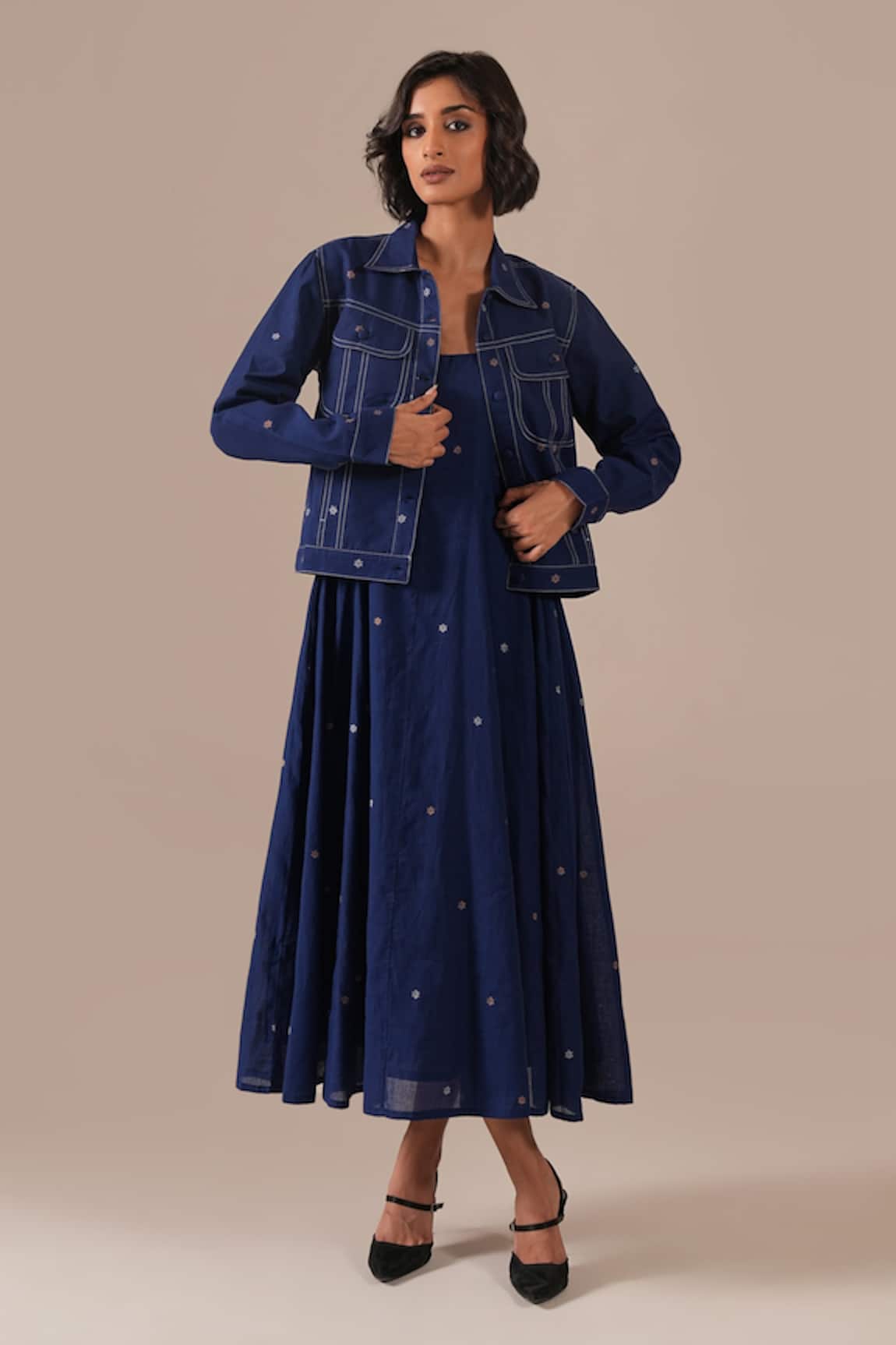 Indigo Dreams Jamdani Fit-Flare Dress With Jacket 
