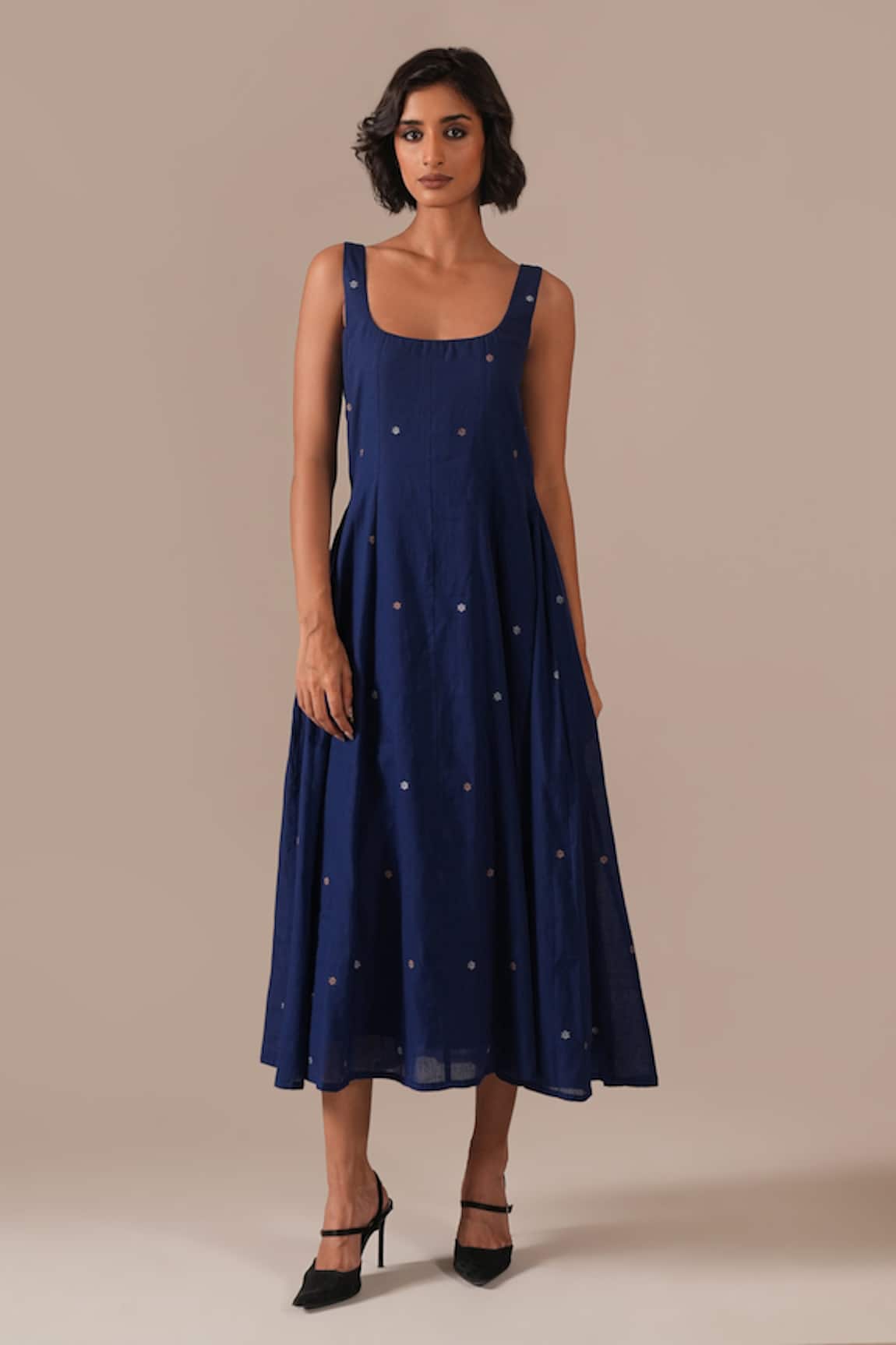 Indigo Dreams Jamdani Fit & Flare Midi Dress 