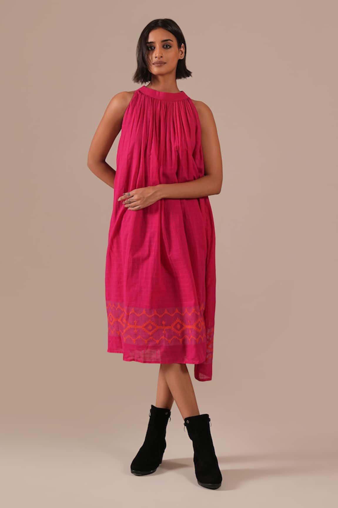 Indigo Dreams Handwoven Jamdani Gathered Halter Neck Dress 