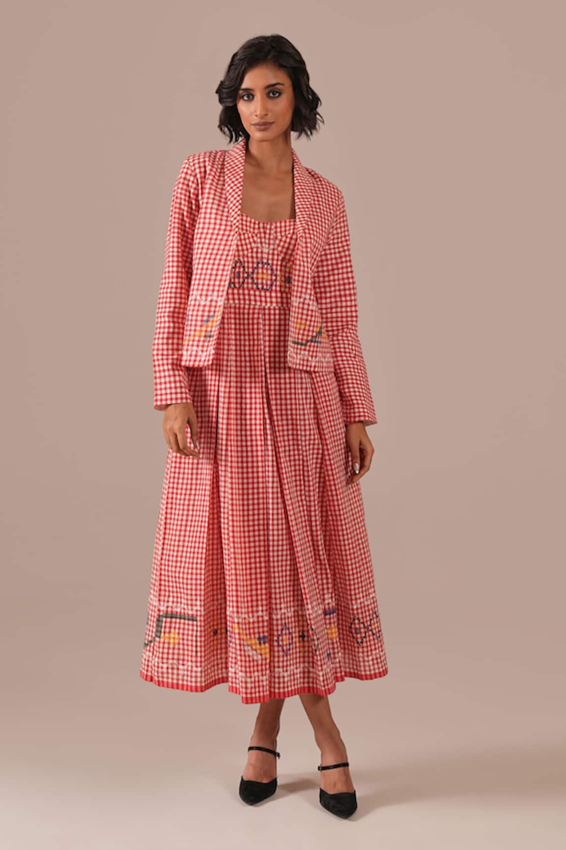 Indigo Dreams Gingham Handwoven Jamdani Bralette Dress & Jacket Set