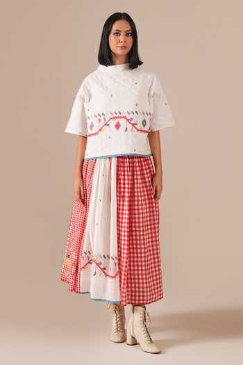 Indigo Dreams Jamdani Quilted Top With Gingham Skirt 