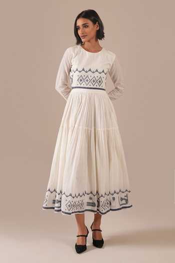 Indigo Dreams Jamdani Geometric Pattern Tiered Midi Dress 