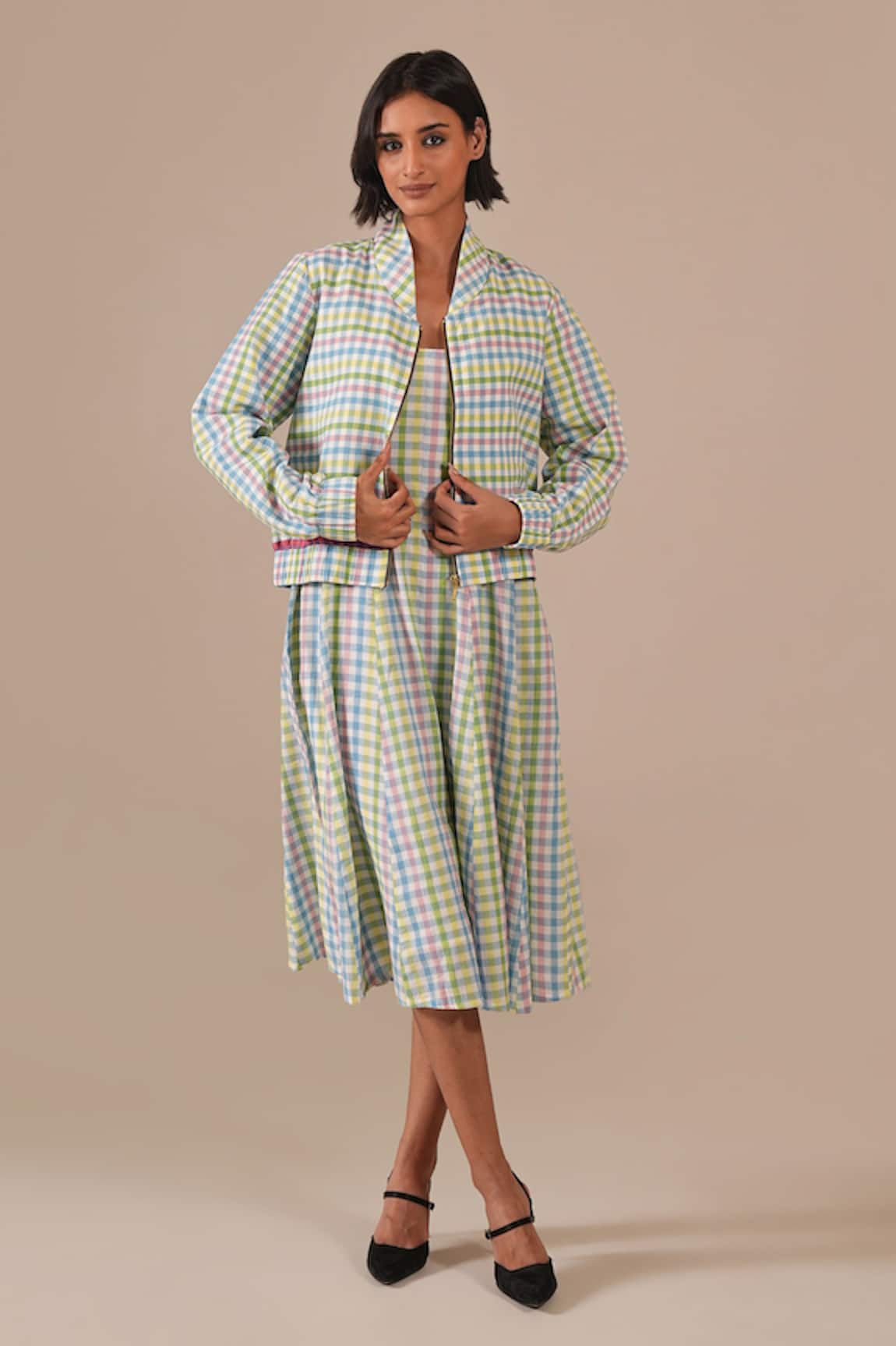 Indigo Dreams Handwoven Jamdani Gingham Dress & Bomber Jacket Set 