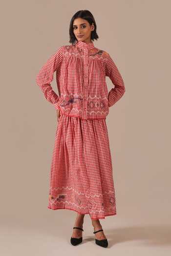Indigo Dreams Gingham Jamdani High-Collared Top & Gathered Skirt 