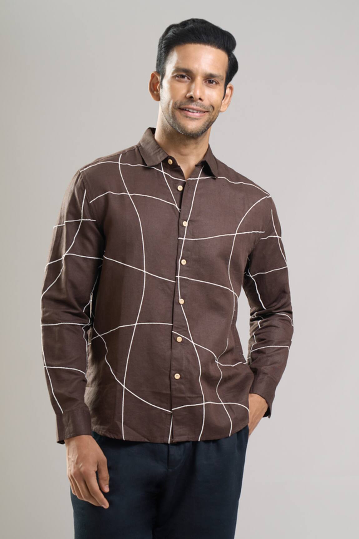 Aryavir Malhotra Hand Embroidered Abstract Grid Linen Cotton Shirt 